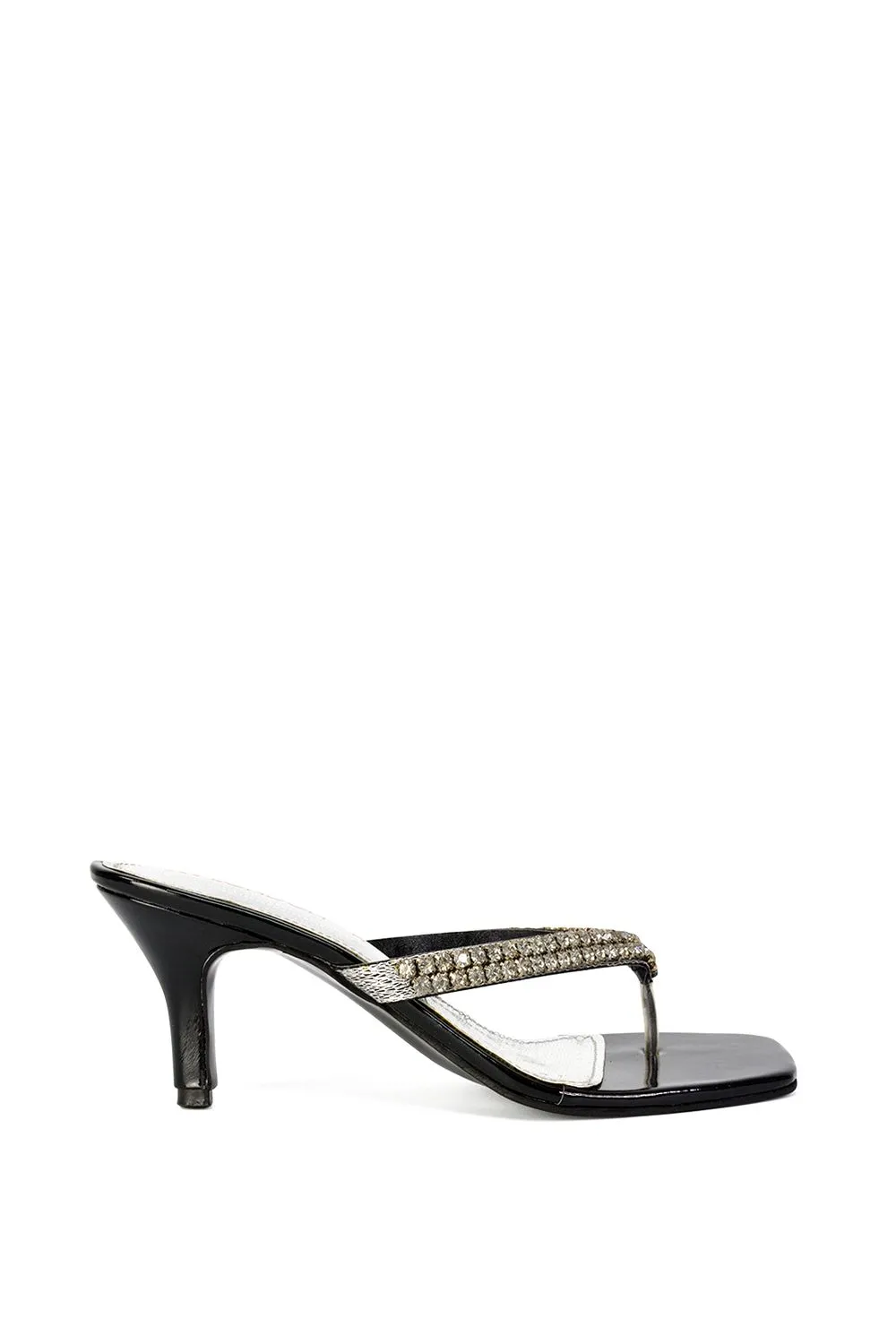 'Lynn' Embellished Diamante Kitten Heel Mule Sandals With Toe Thong