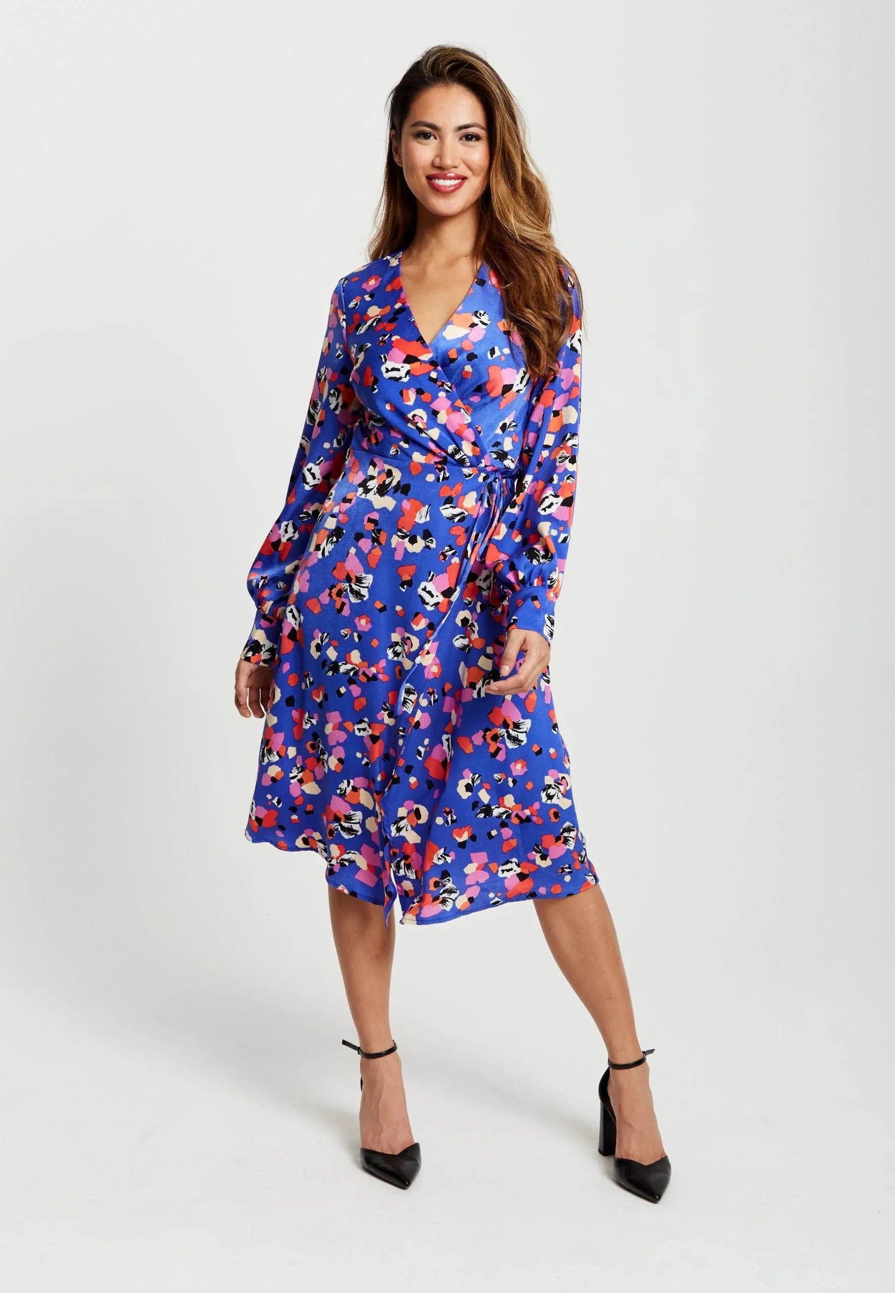 Multicolour Abstract Dot Print Midi Wrap Dress In Blue