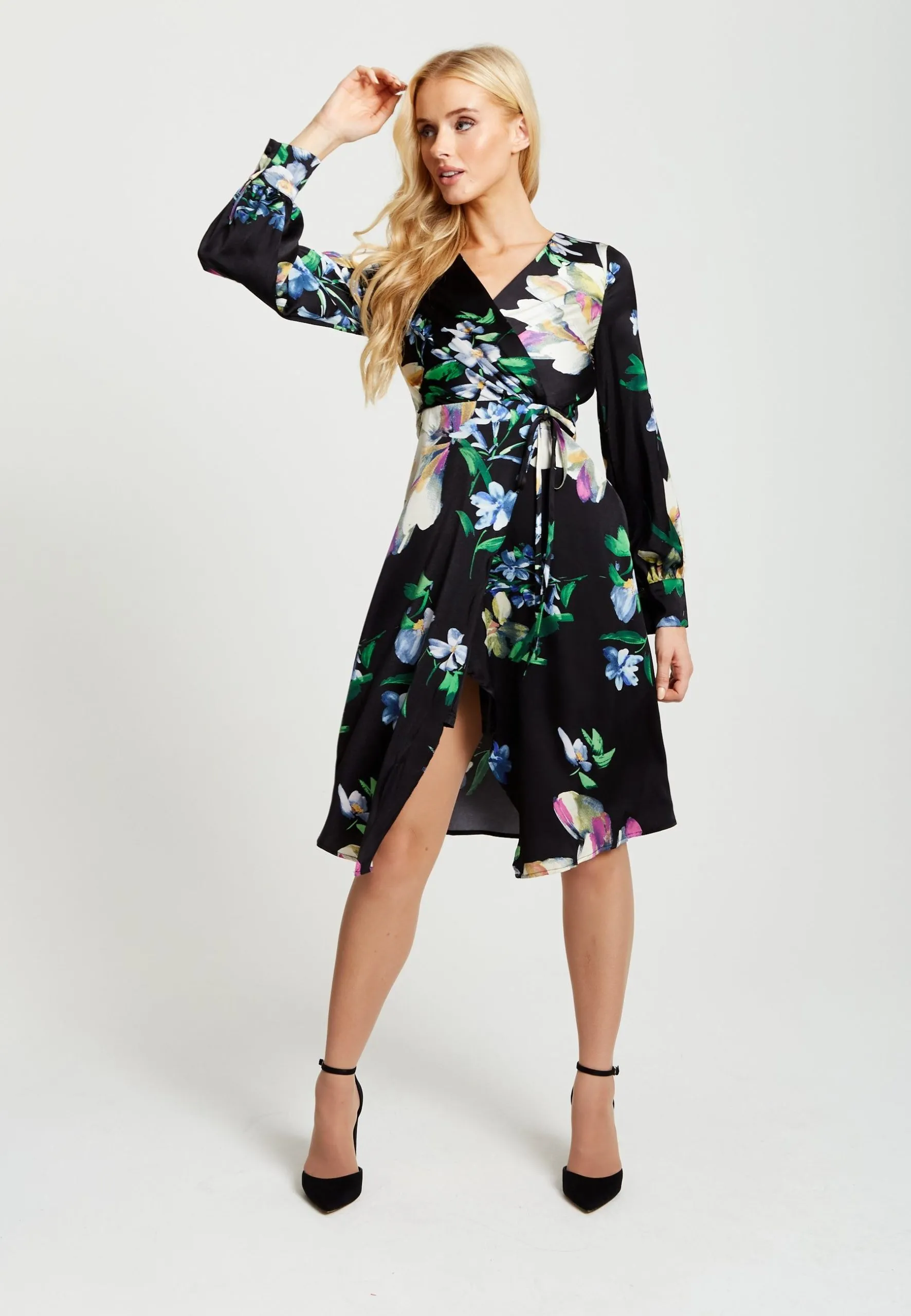 Elegant Floral Print Midi Wrap Dress In Black