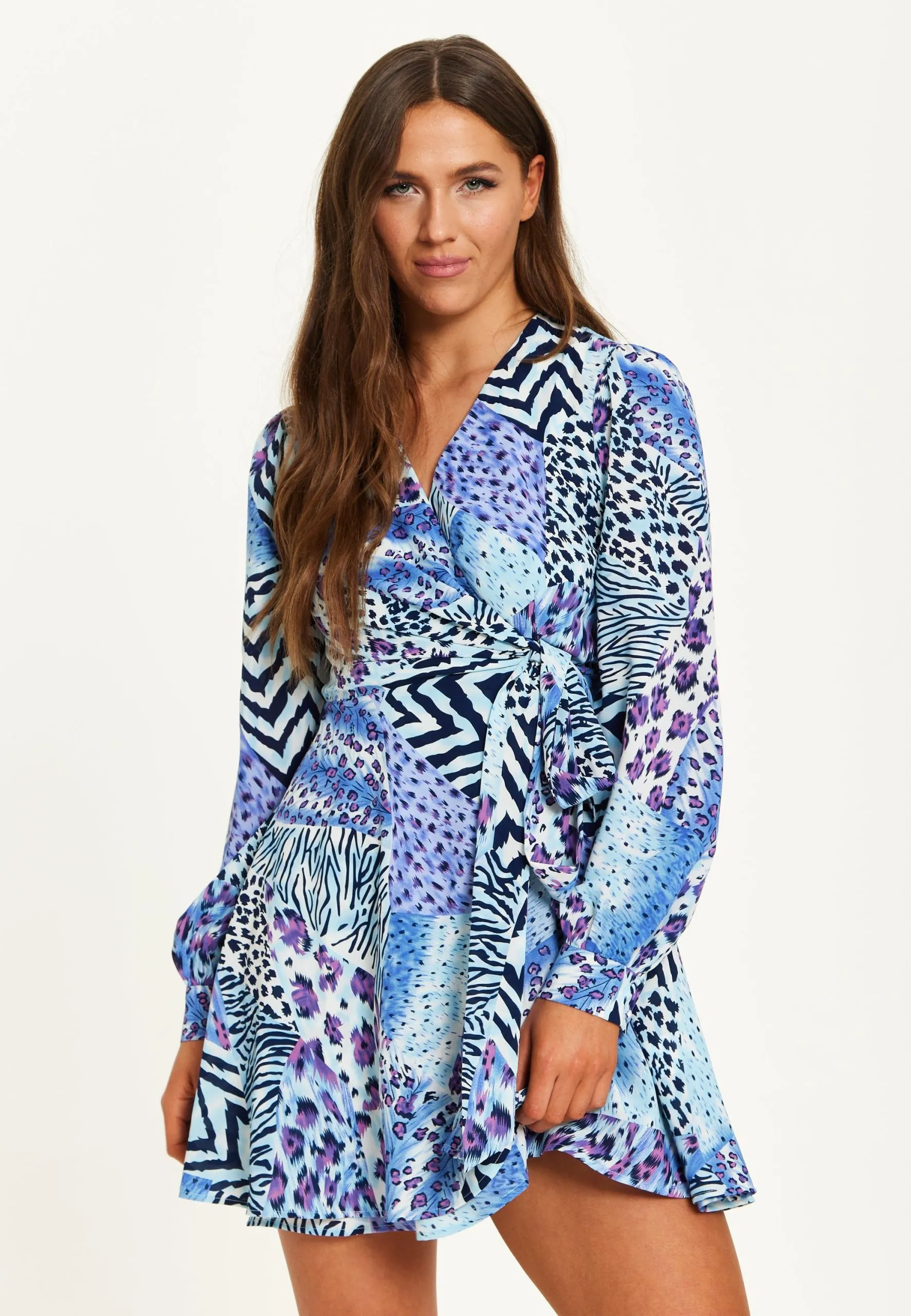 Mixed Animal Print Mini Wrap Dress With Long Sleeves In Blue