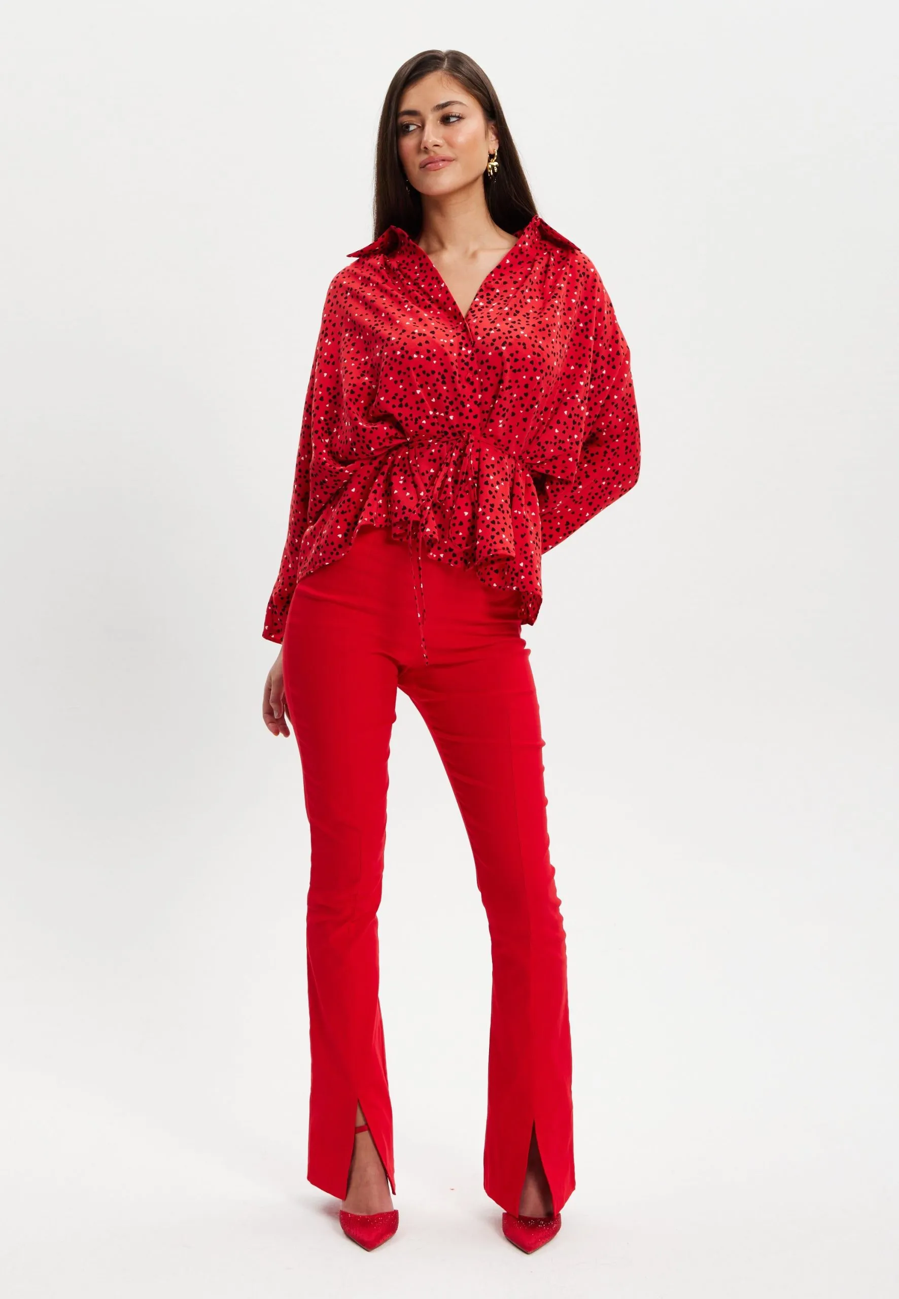 Heart Print Shirt With Long Sleeves And Tie Waist