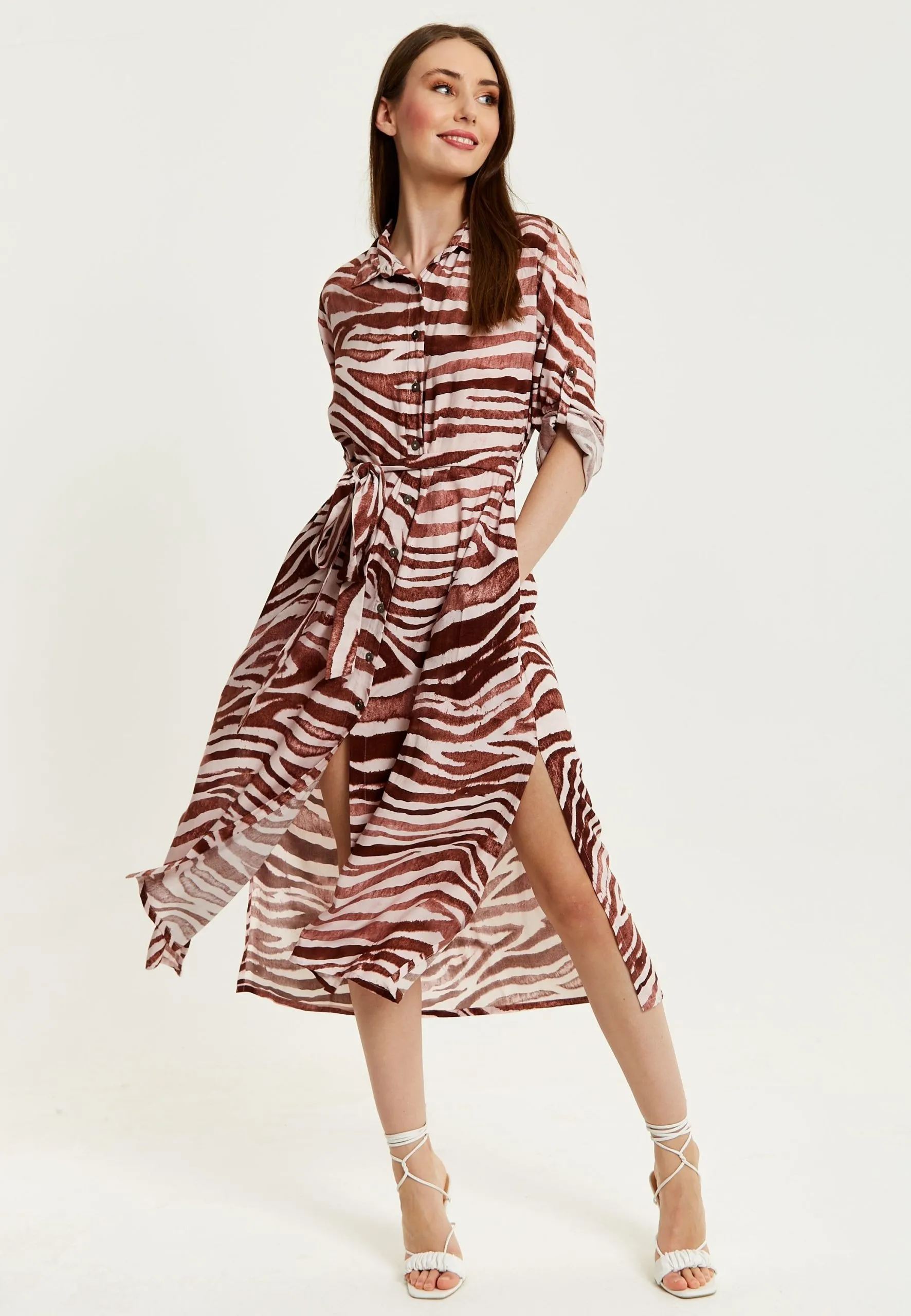 Brown Zebra Print Midi Shirt Dress