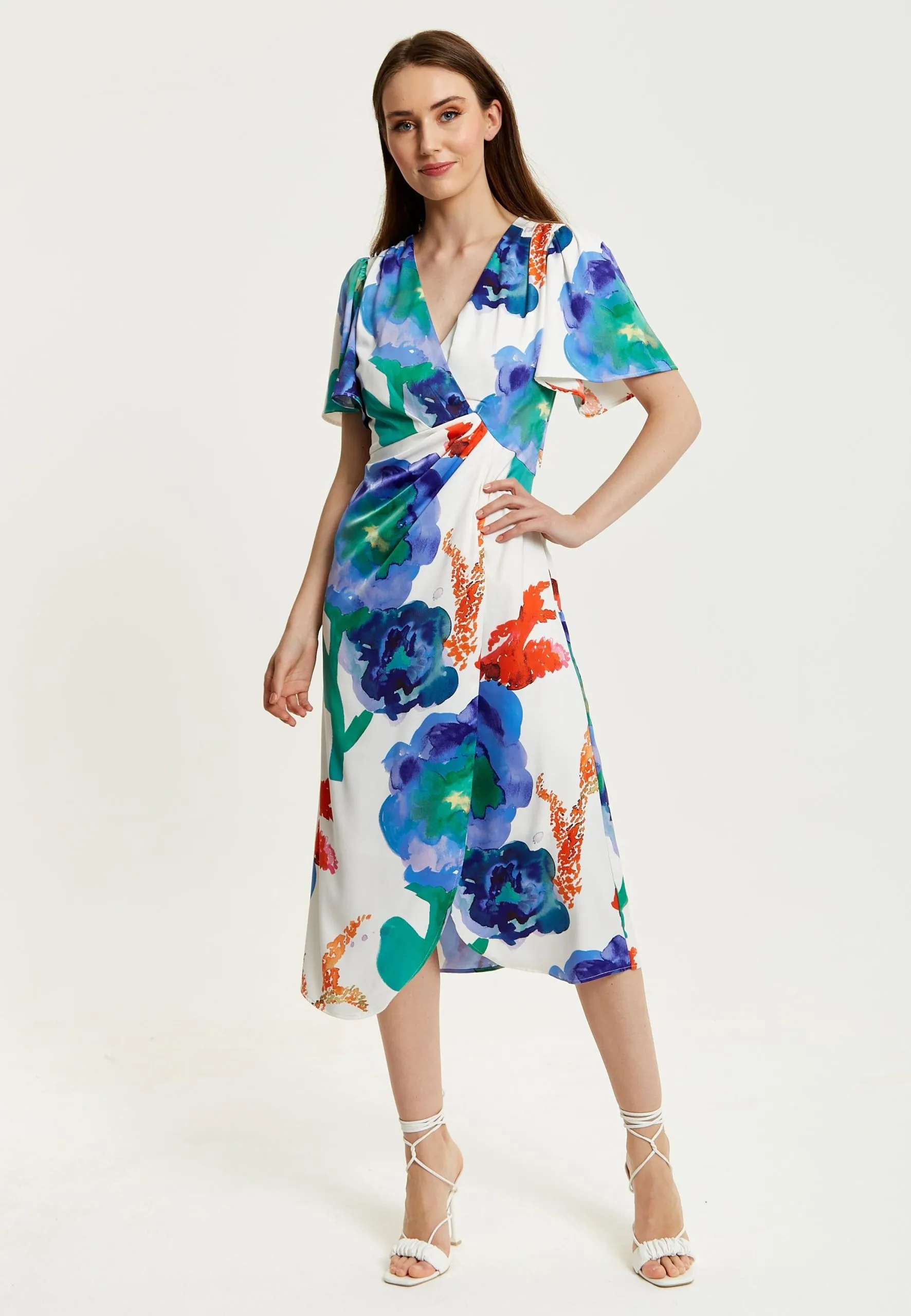 Floral Print White Based Midi Wrap Dress