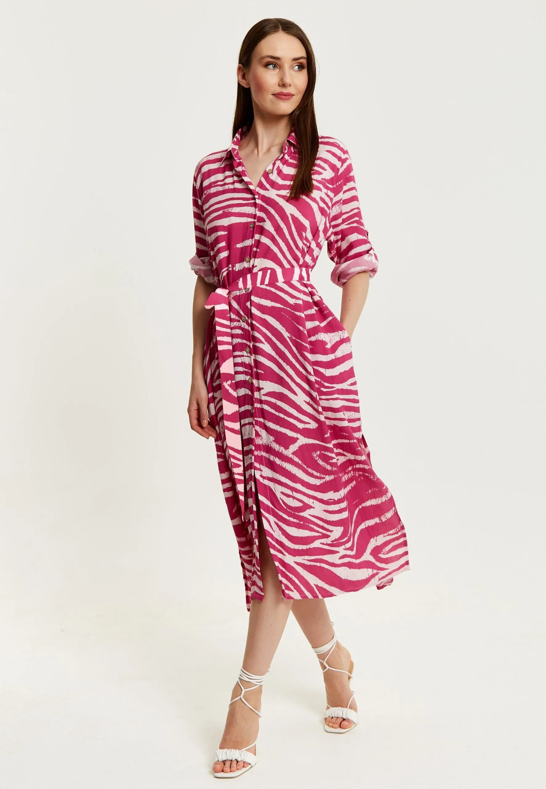 Fuchsia Zebra Print Midi Shirt Dress