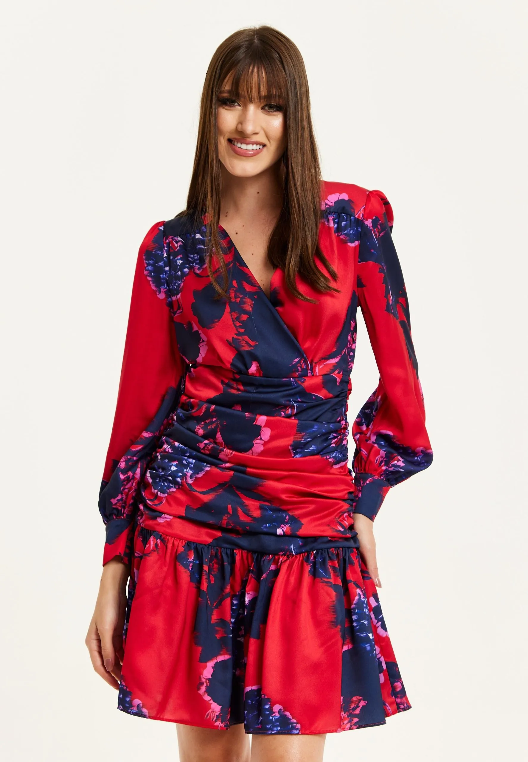 Floral Print Red Mini Dress With Long Sleeves