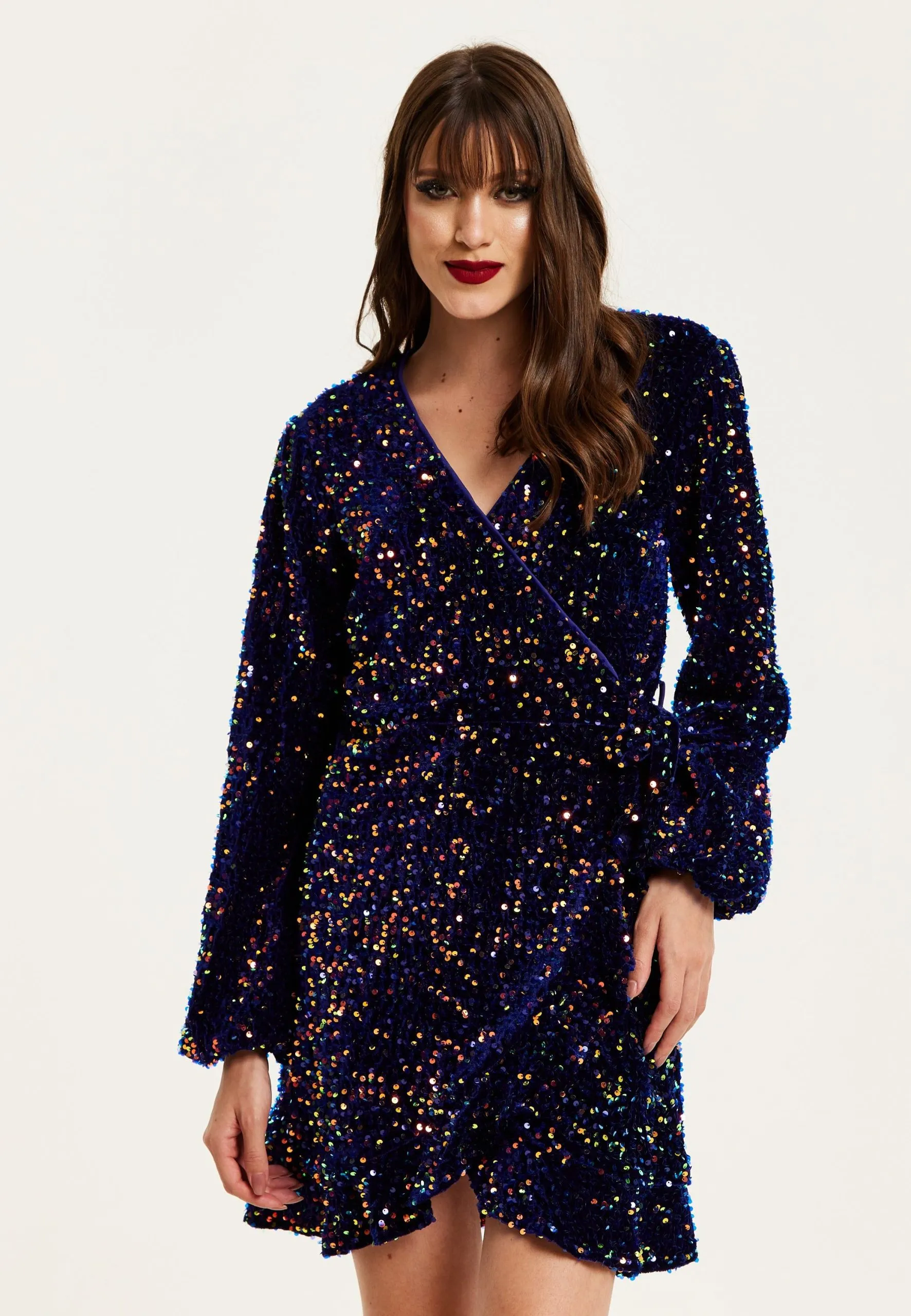 Royal Blue Velvet Based Multicolour Sequin Mini Wrap Dress