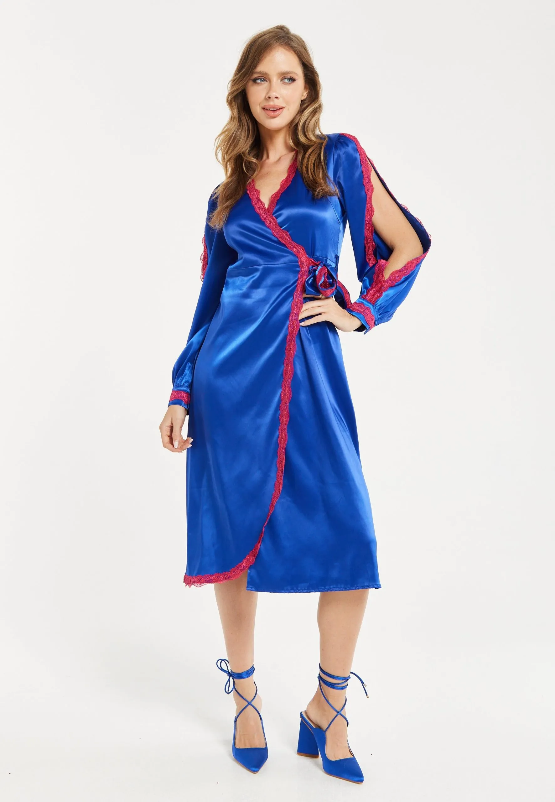 Royal Blue Satin Midi Wrap Dress