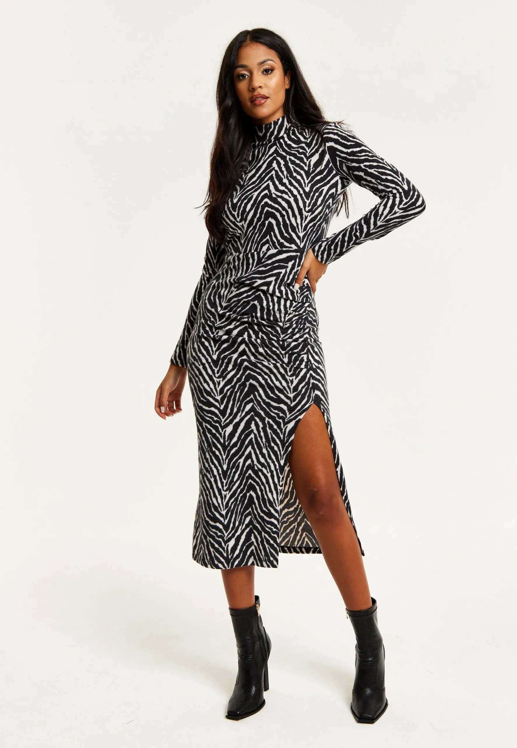 Brushed Knit Mono Zebra Print Midi Dress With Front Slit