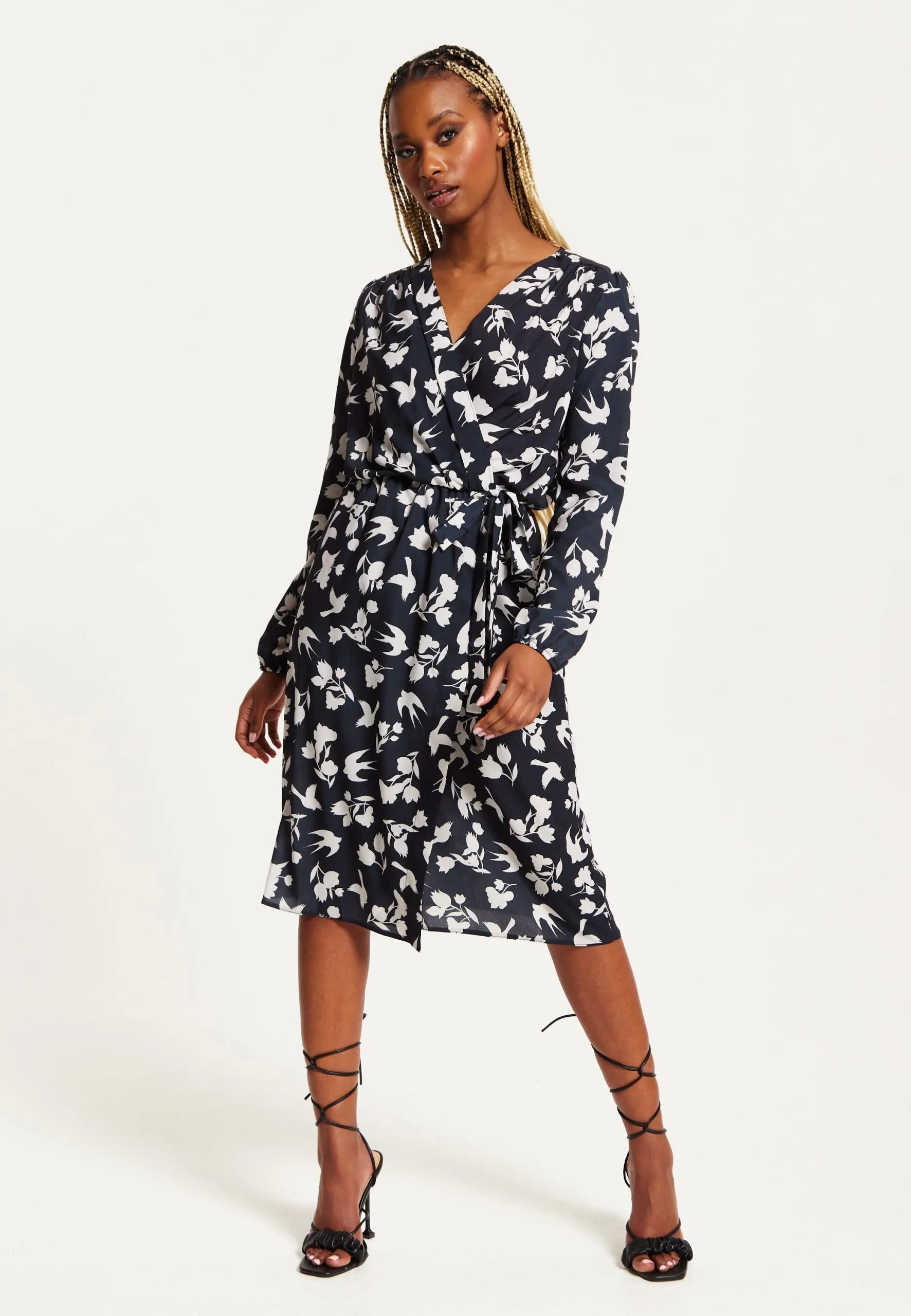 Floral And Bird Print Midi Fake Wrap Dress In Navy