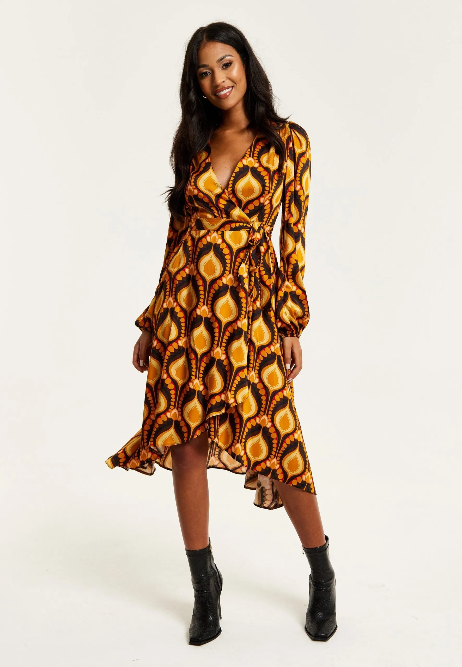 Balloon Sleeve Retro Print Midi Fake Wrap Dress