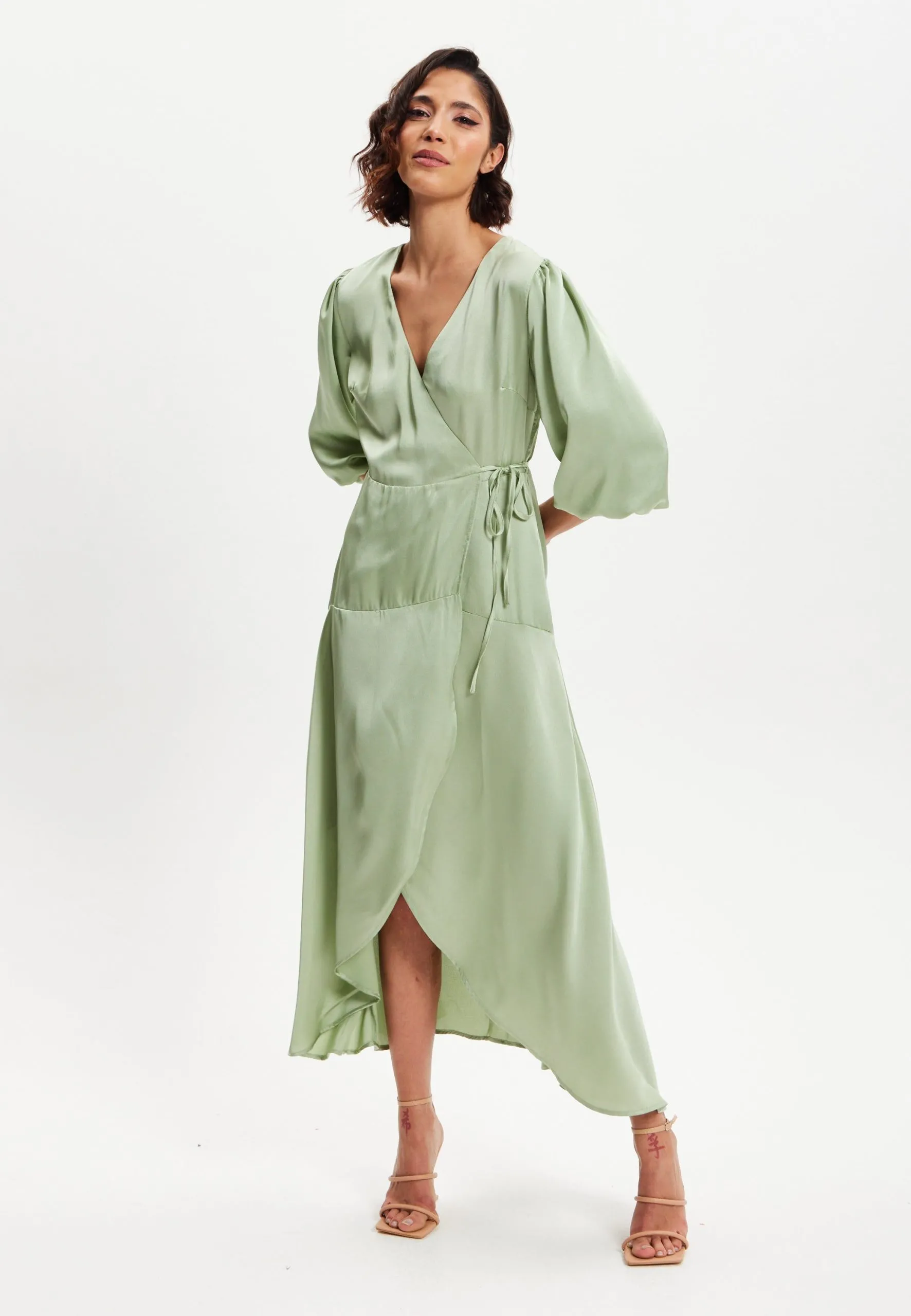 Sage Green Midi Wrap Dress With Short Puff Sleeves