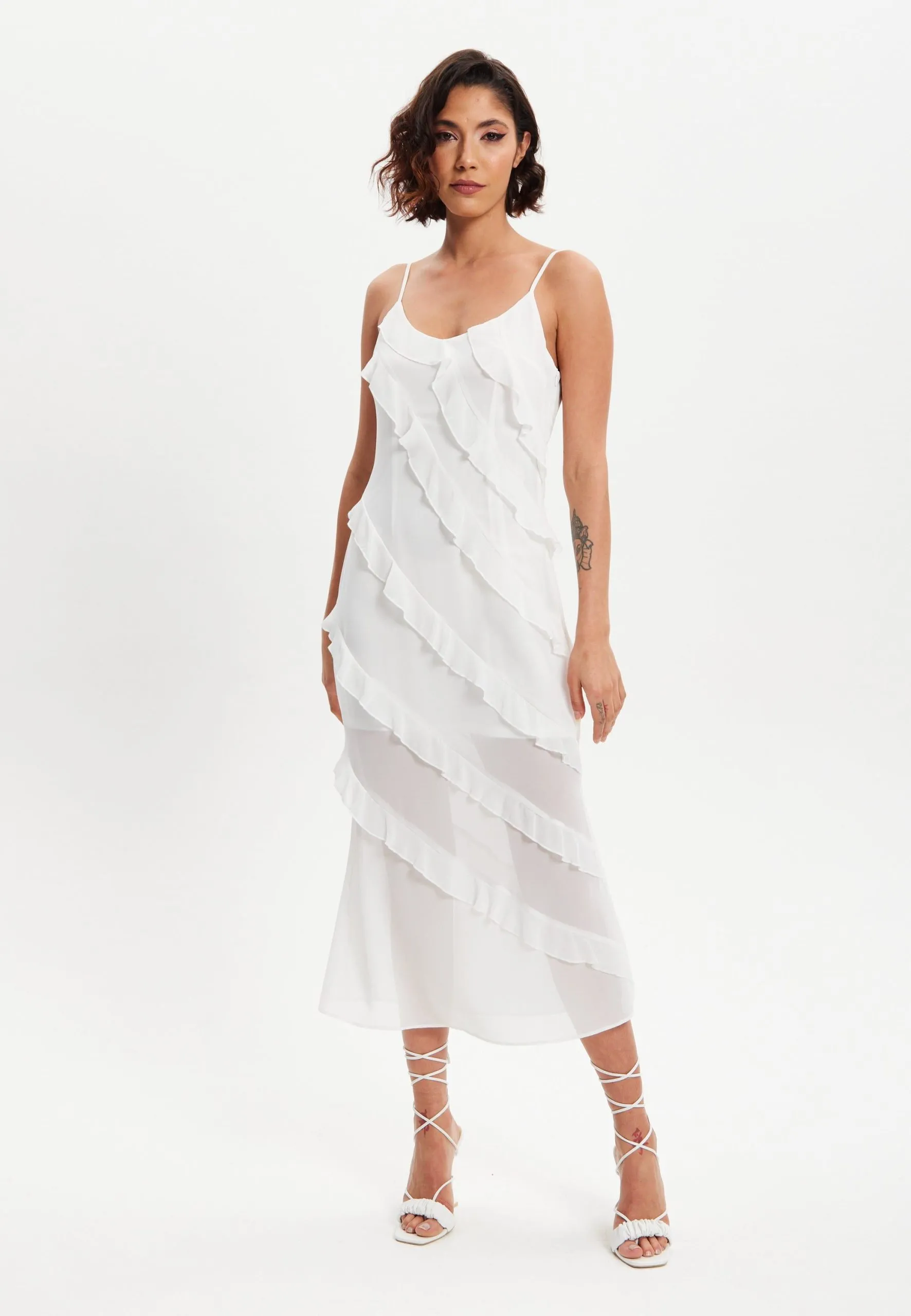 Diagonal Frill Strap Midi Dress In White