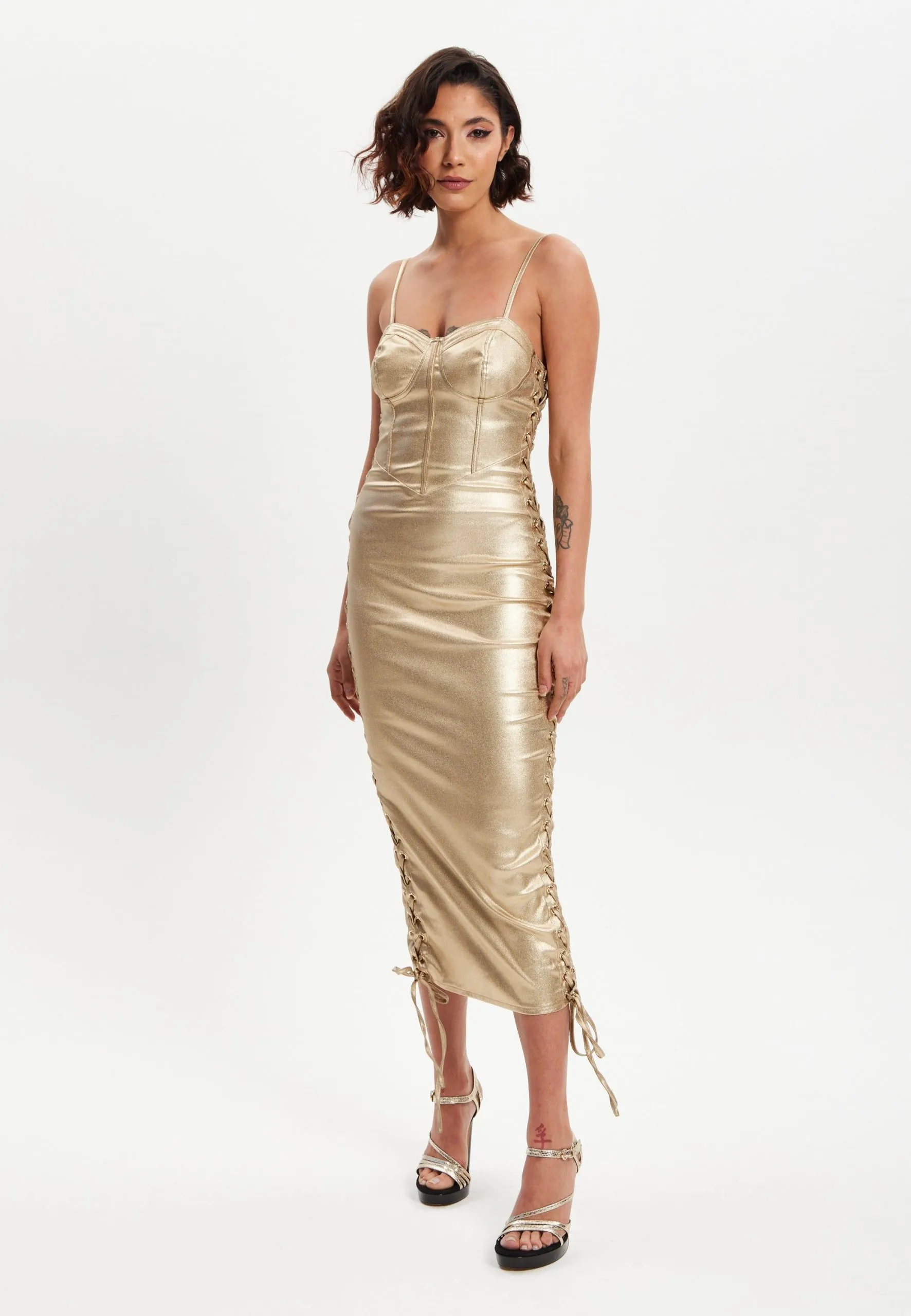 Metallic Foil Gold Lycra Eyelet Dress