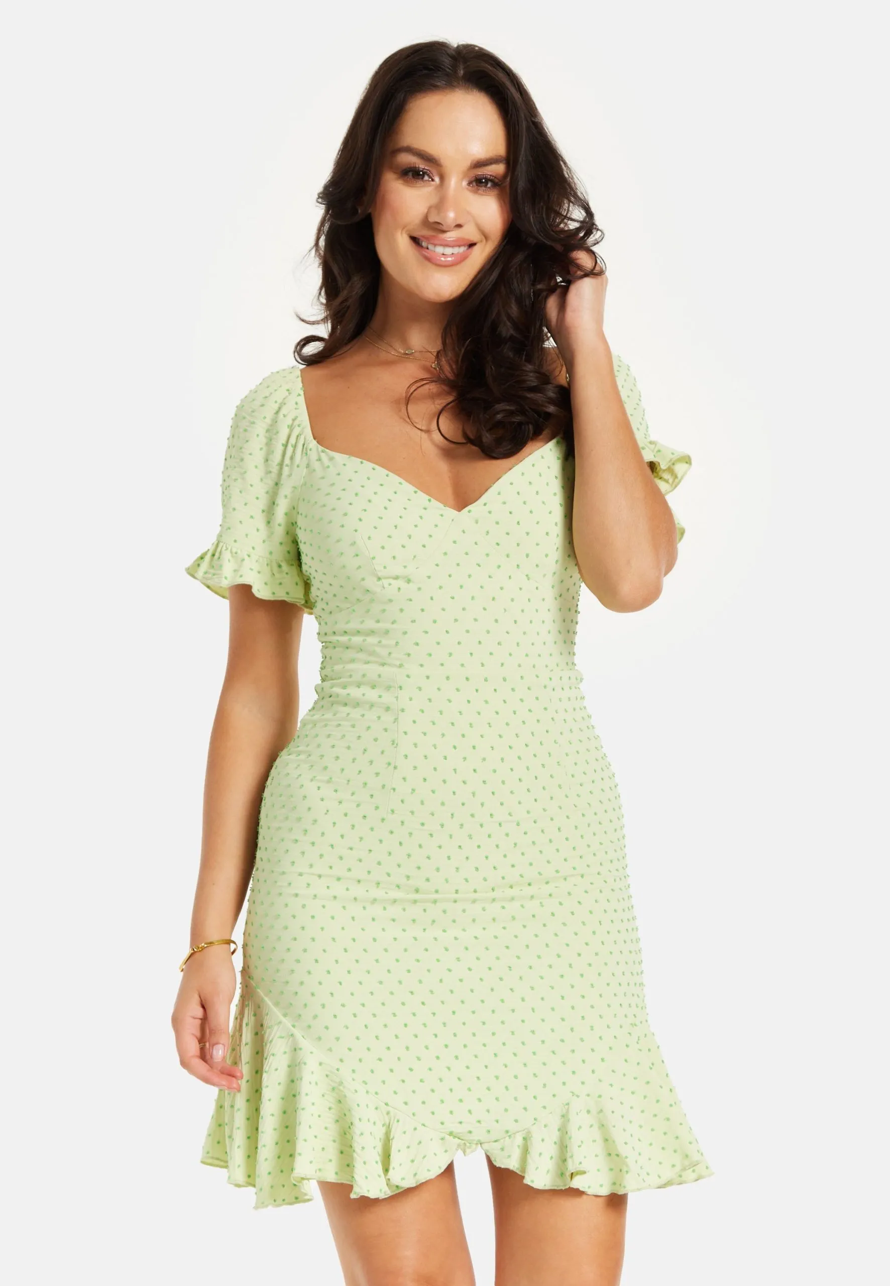 Woven Polka Dot Frill Detail Dress Green