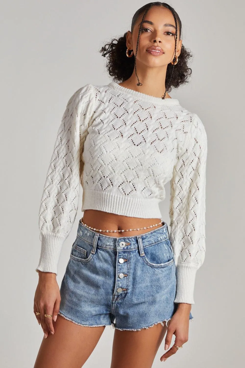 Cable Knit Long Puff Sleeve Jumper