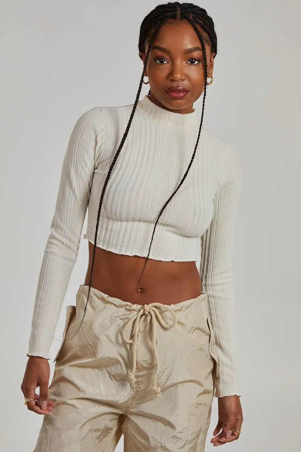 Wide Brushed Rib Lettuce Hem Long Sleeve Top