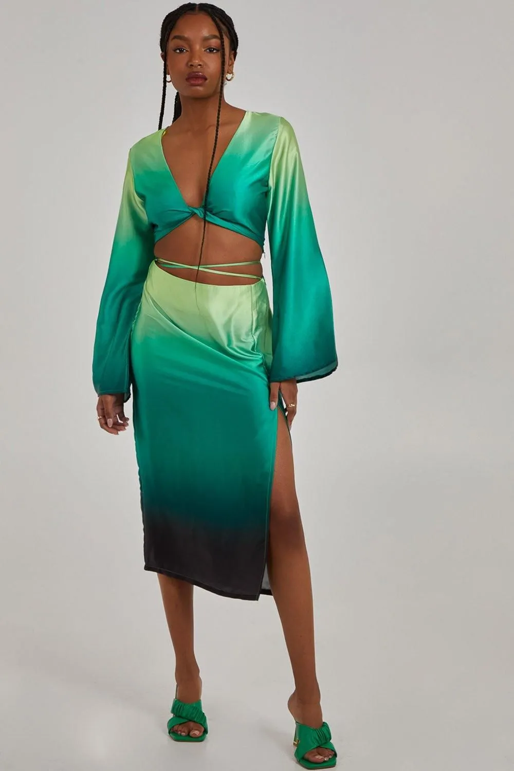 Tie Waist Ombre Midi Skirt