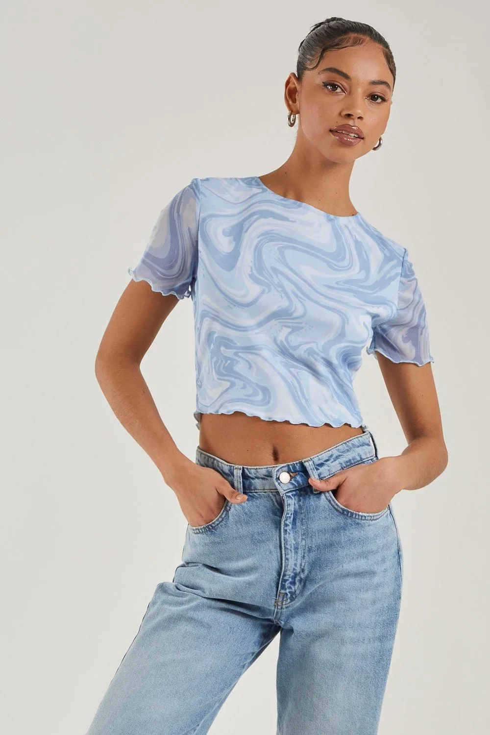 Swirl Print Capped Sleeve Mesh Top