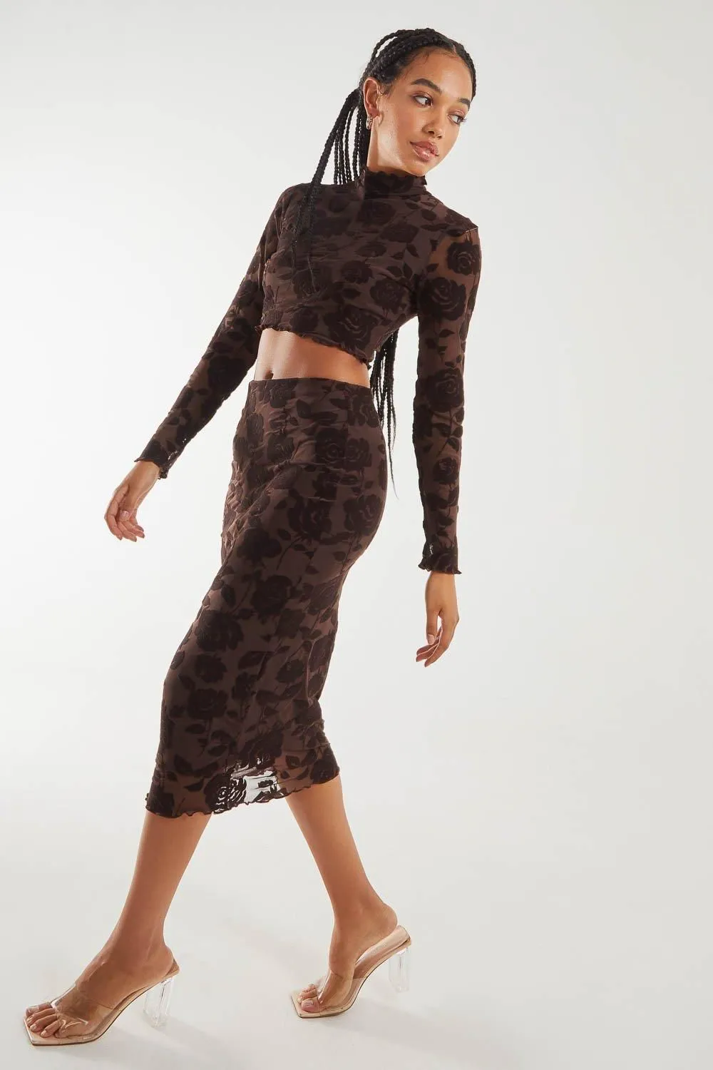 Flocked Floral Midi Skirt