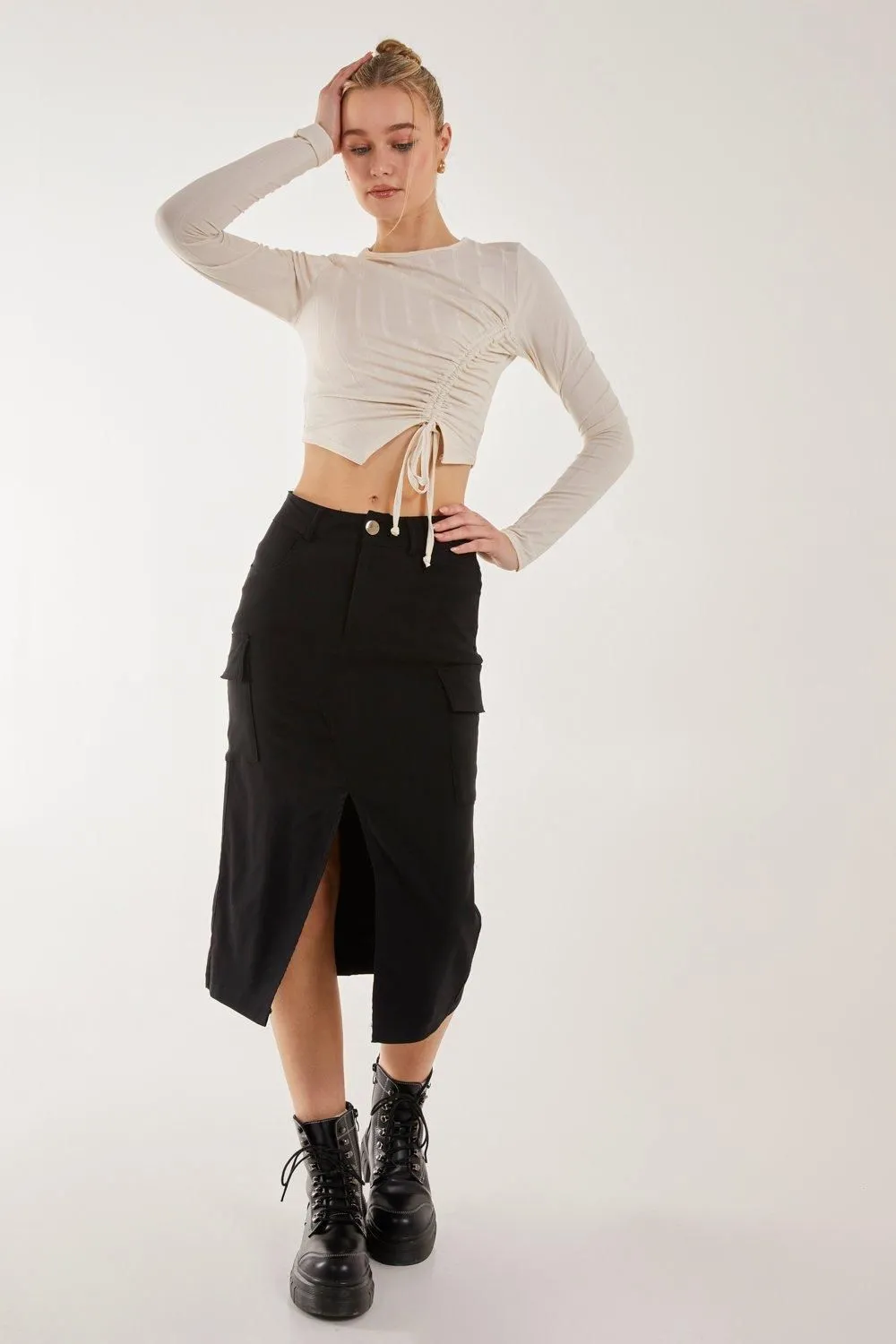 Utility Cargo Midi Slit Skirt