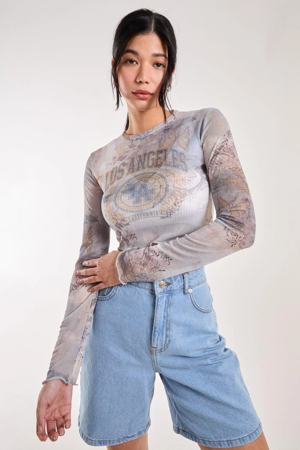 Mesh Printed LA Long Sleeve Top