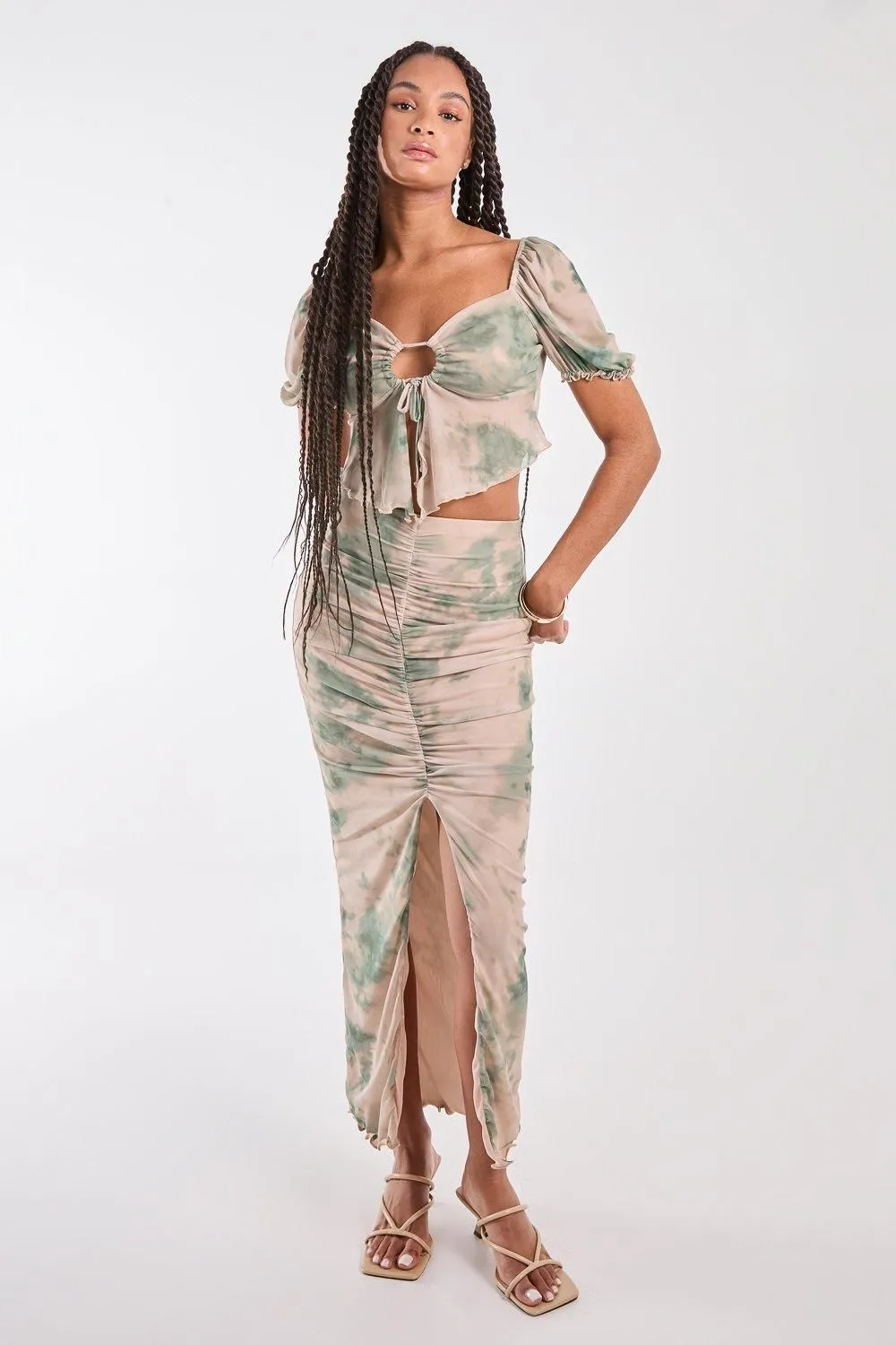 Tie Dye Ruched Split Maxi Skirt