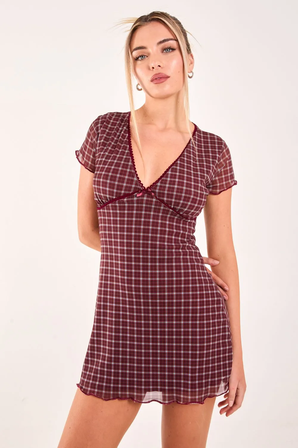 Check Cap Sleeve Mini Dress
