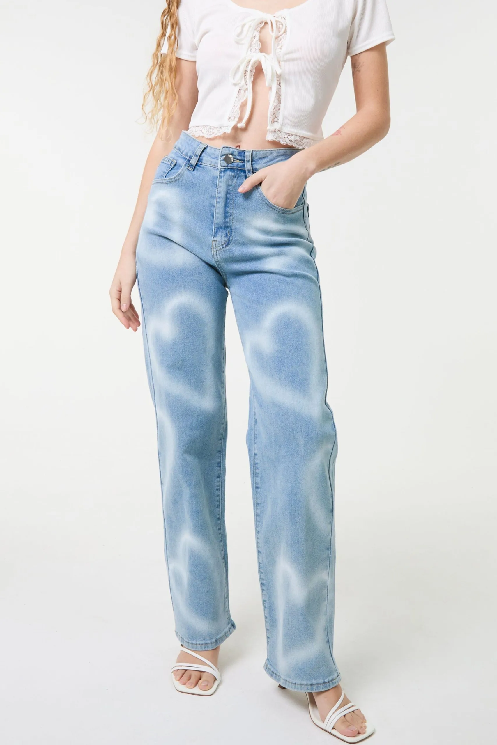 Light Blue Spray Heart Detail Jeans