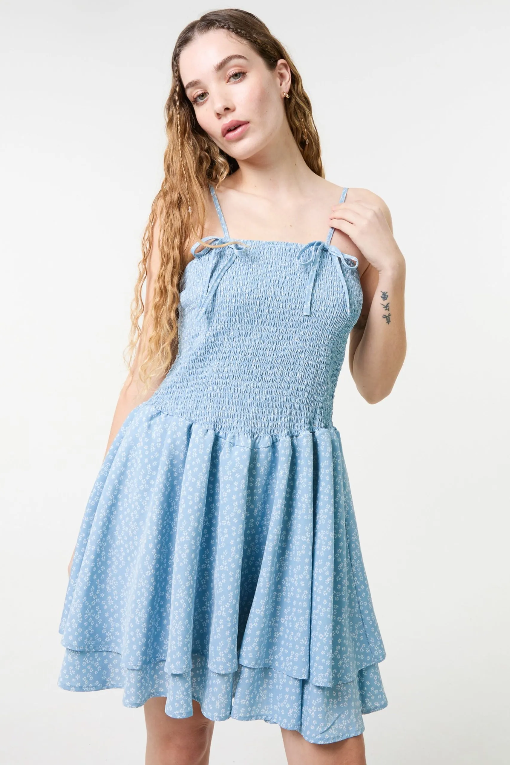 Blue Shirred Ruffle Mini Dress