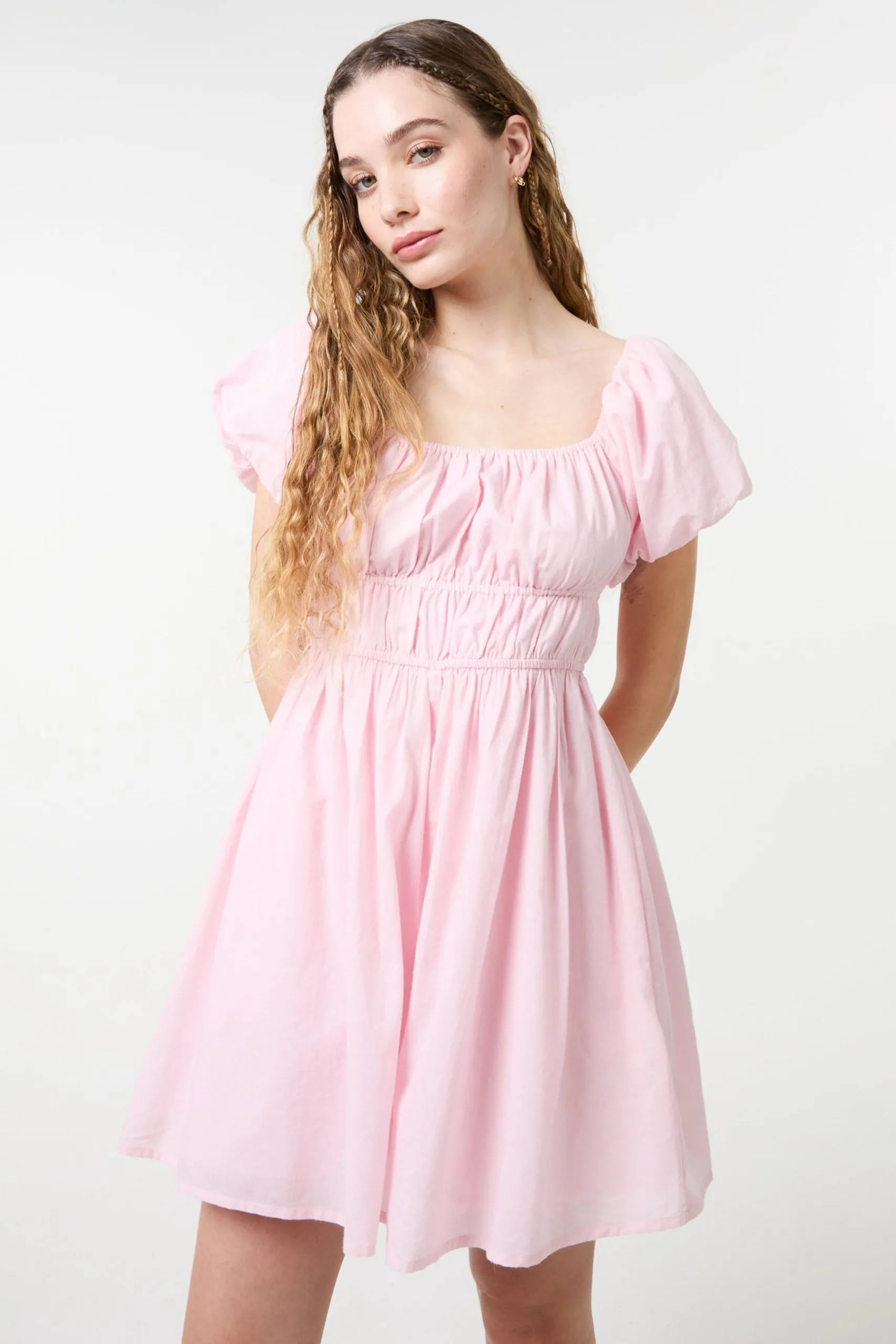 Pink Puff Sleeve Mini Dress with Shorts