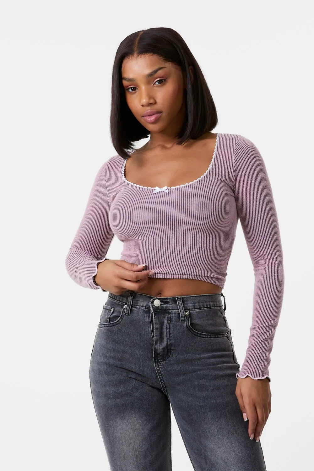 Long Sleeve Rib Top with Bow