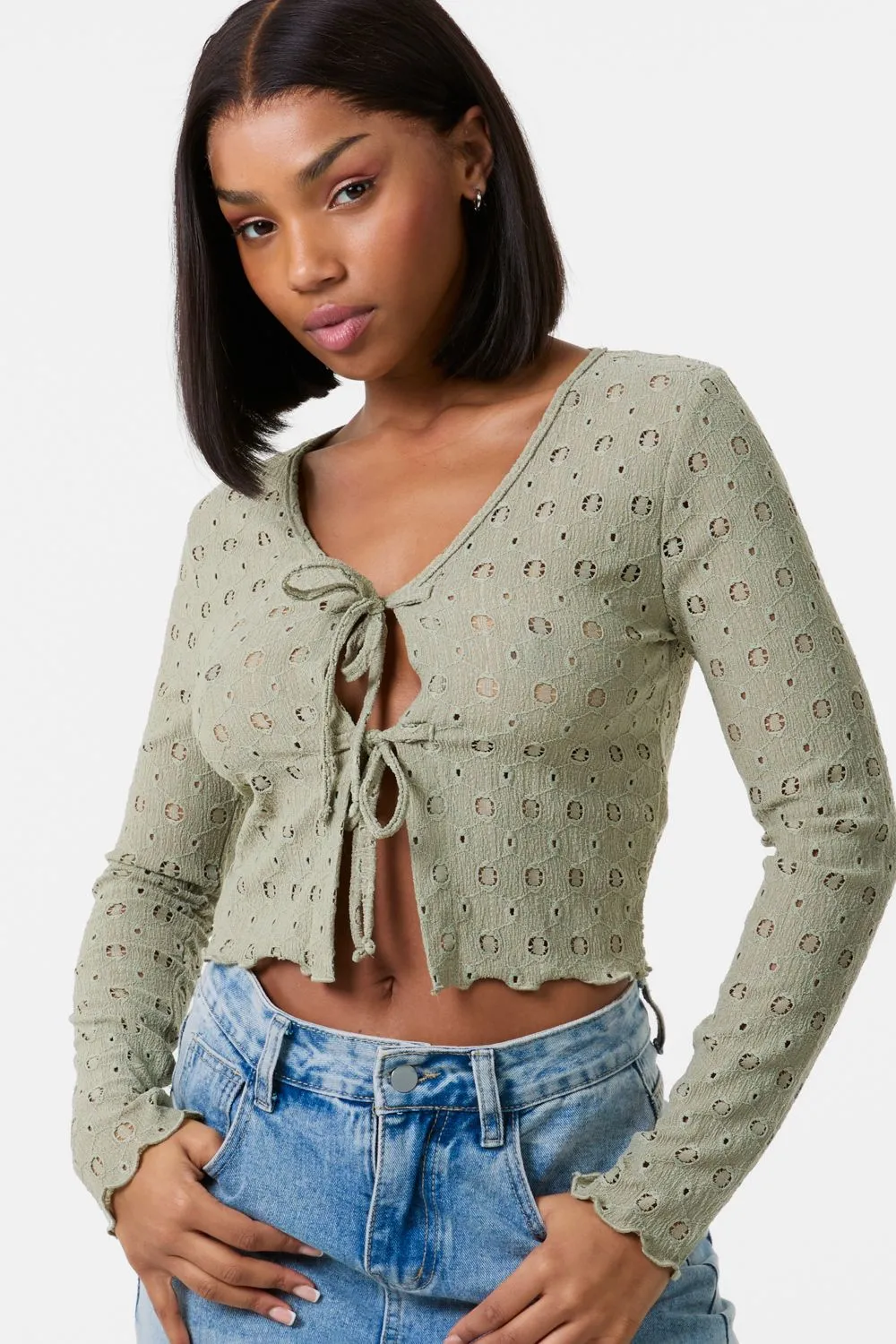 Tie Front Cutwork Cardigan