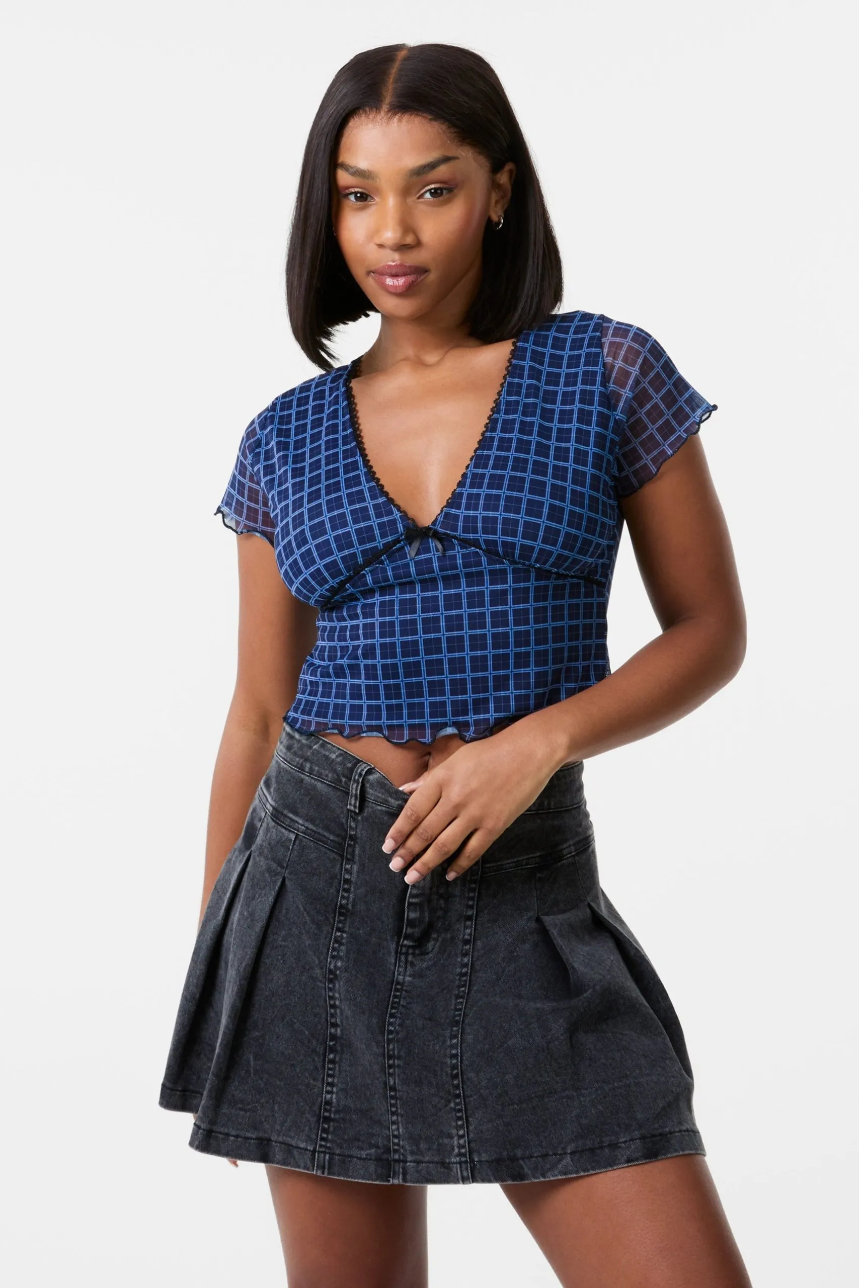 Navy Check Cap Sleeve Crop Top
