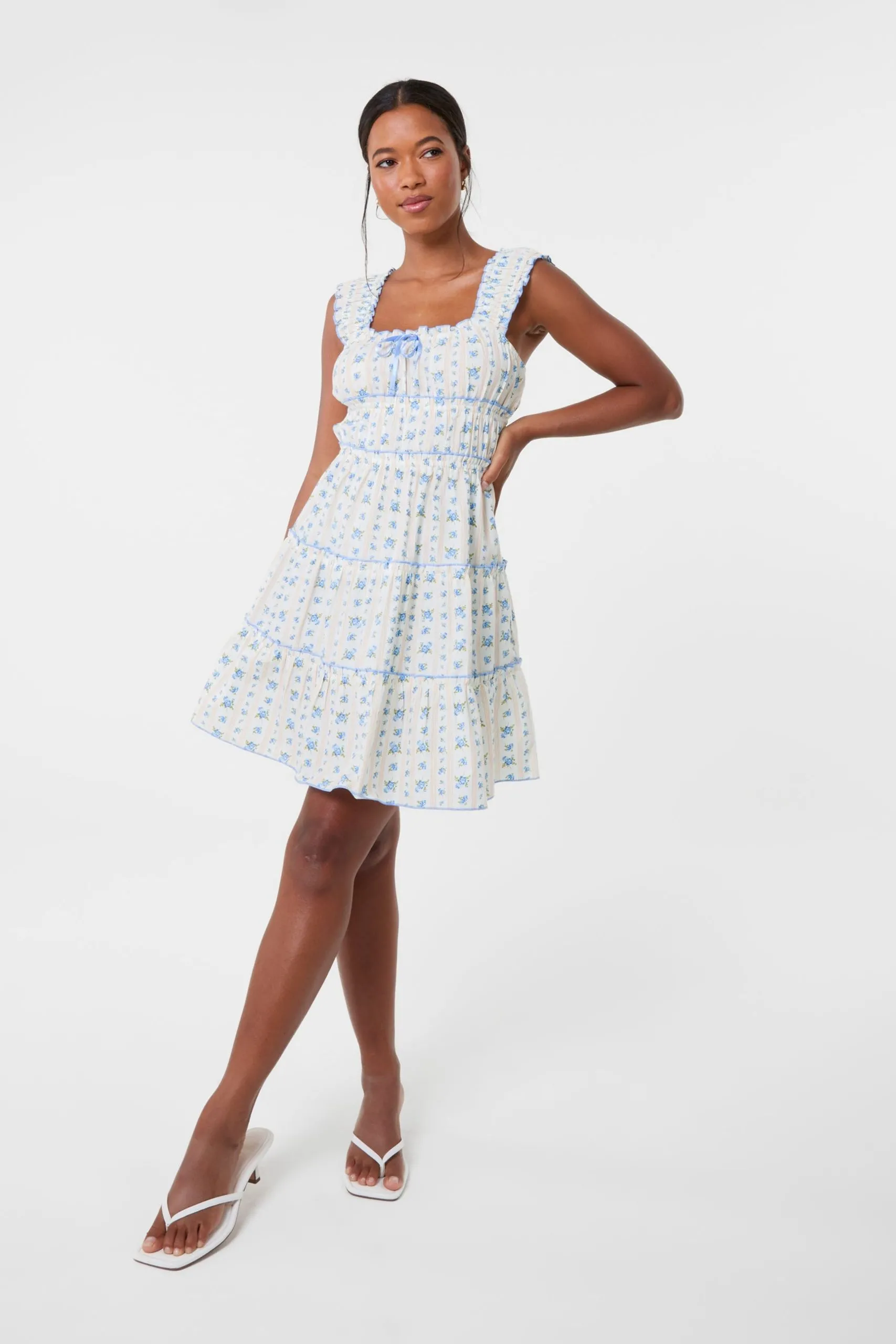 Ivory Tie Front Tiered Milkmaid Mini Dress