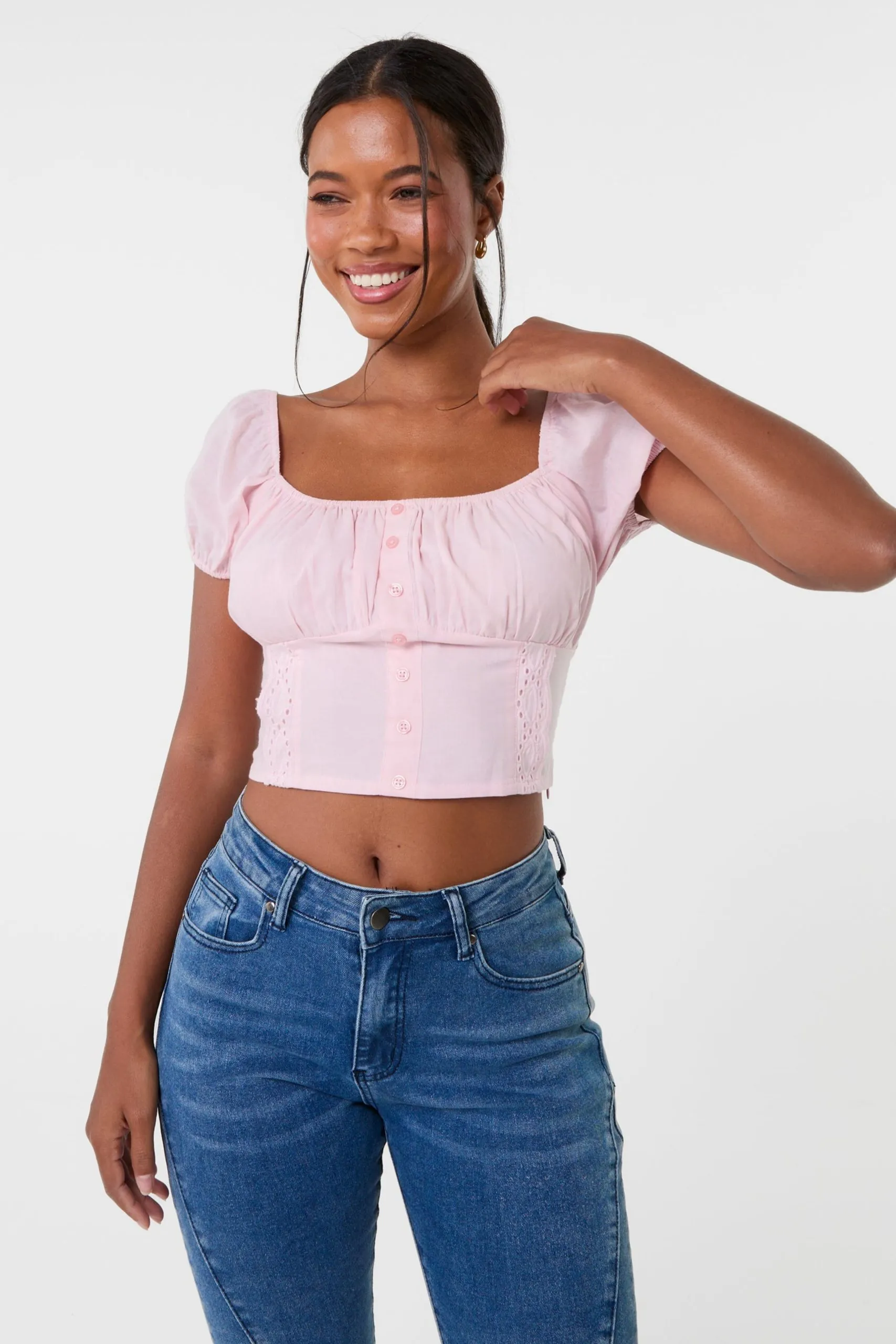 Pink Puff Sleeve Broderie Detail Top