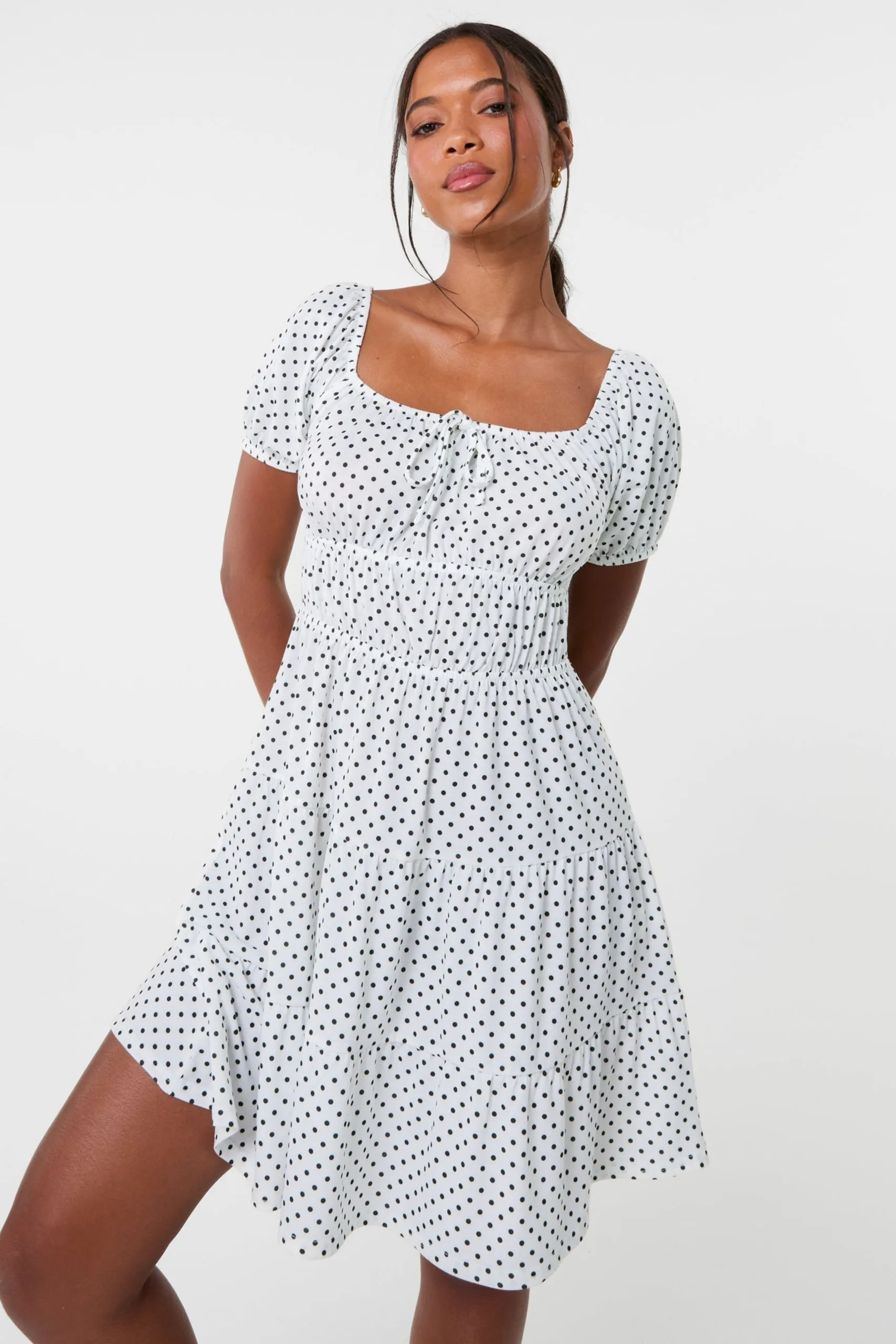 White Puff Sleeve Polka Dot Tiered Mini Dress