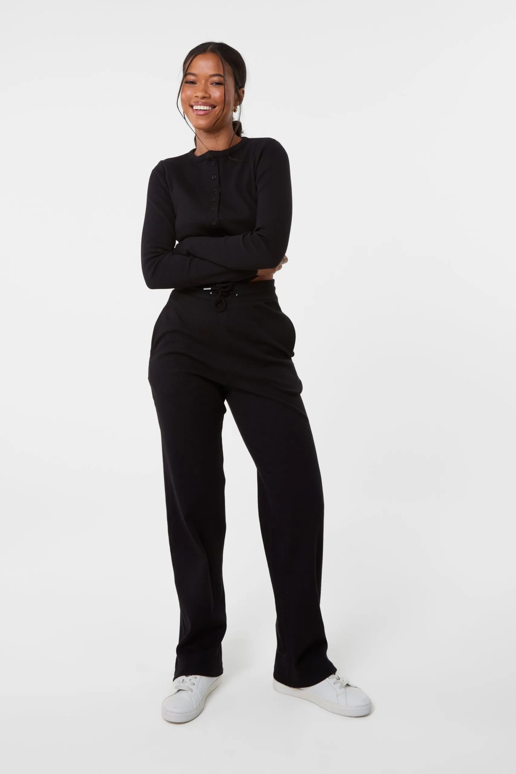 Black Wide Leg Ribbed Trousers