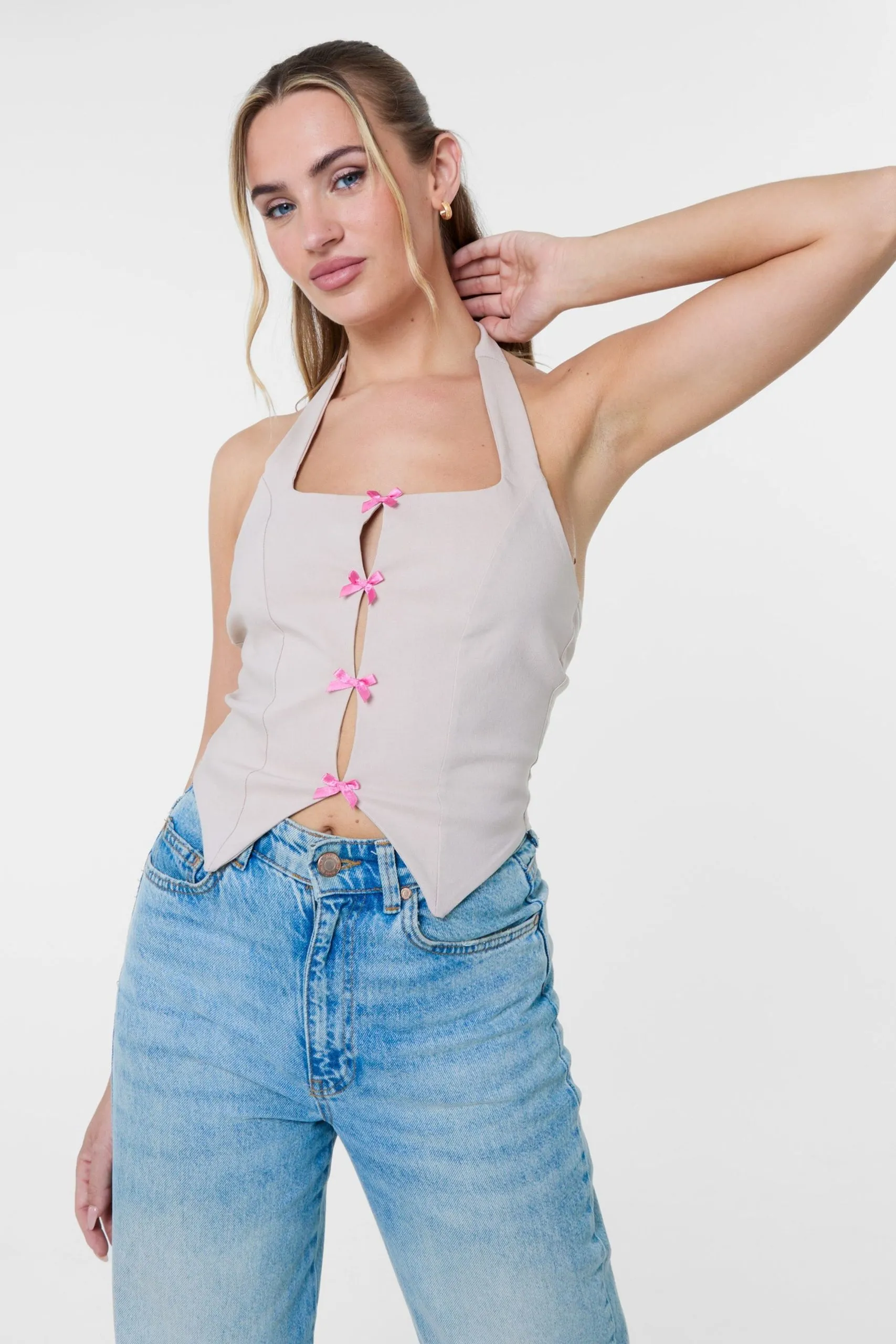 Stone Halter Neck Top With Bows