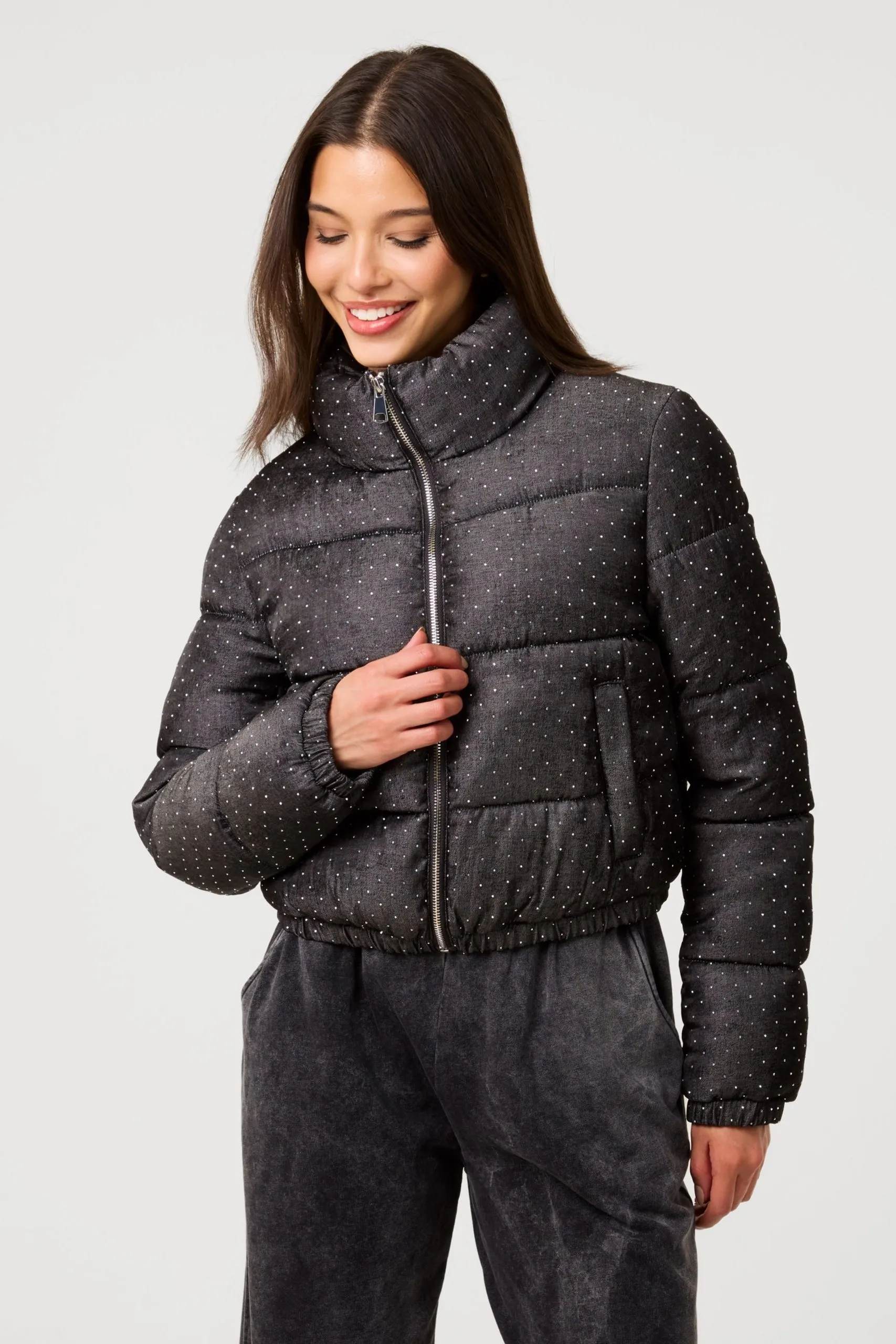 Black Diamante Cropped Puffer