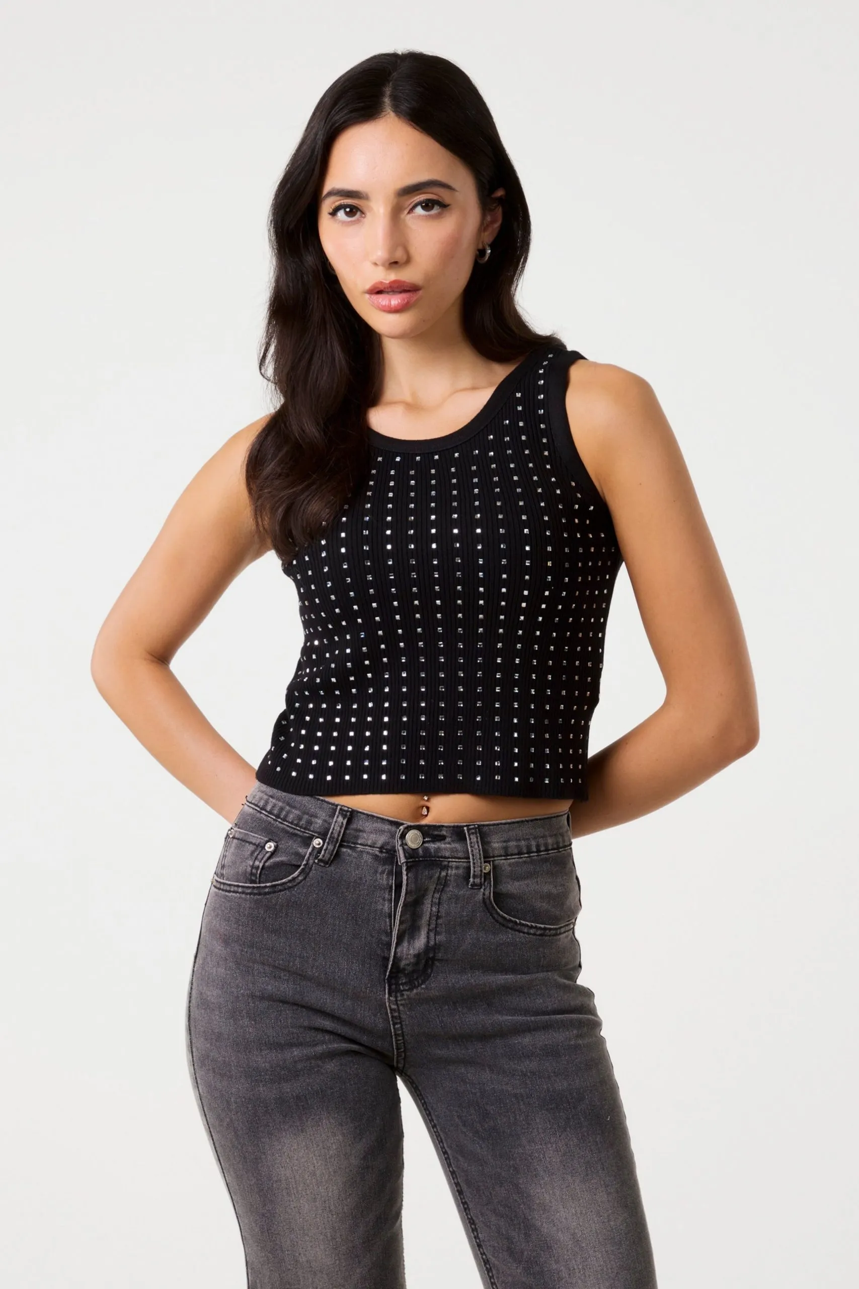 Black Diamante Ribbed Vest