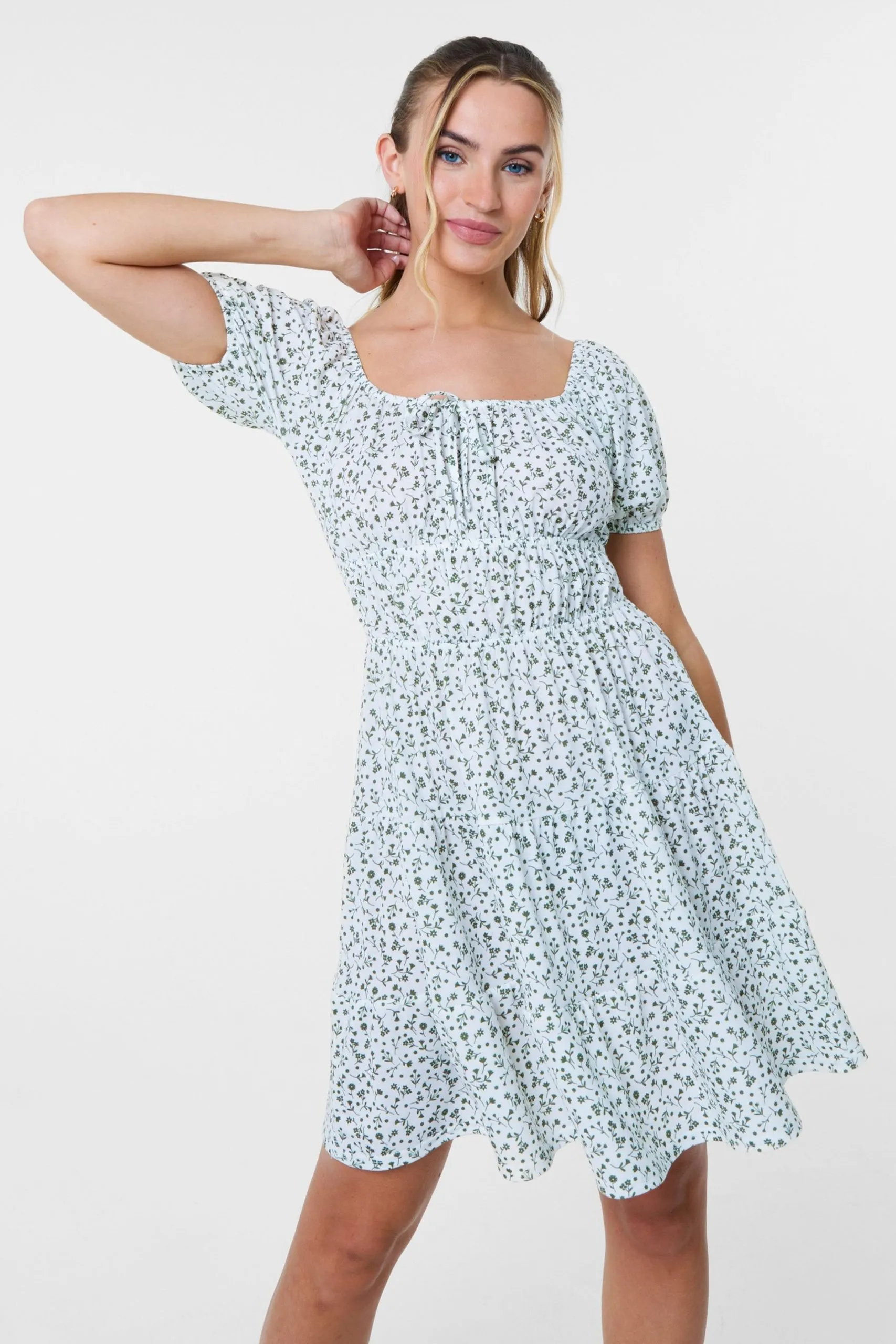 Khaki Ditsy Puff Sleeve Tiered Mini Dress