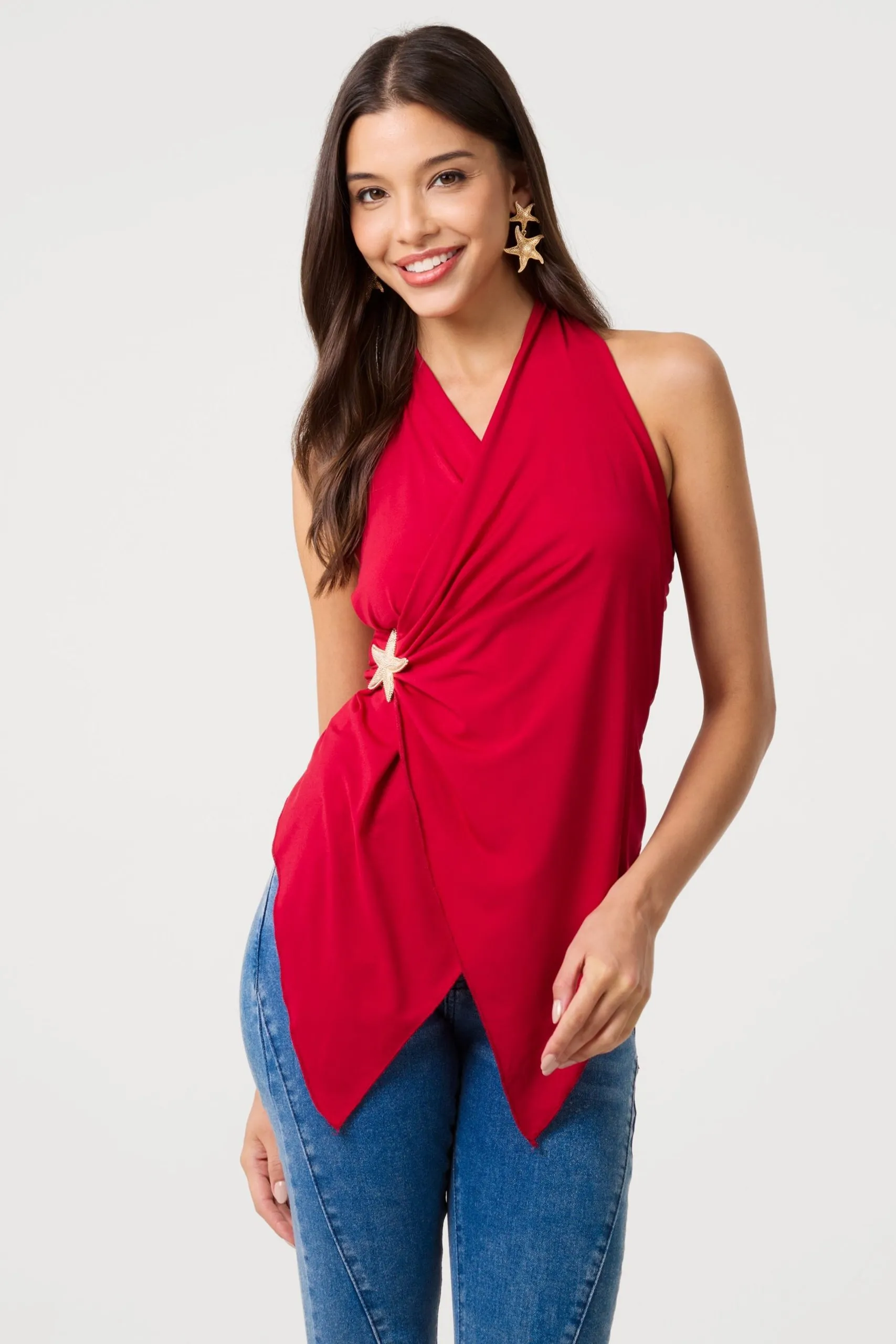 Wine Star Detail Wrapover Halterneck Top