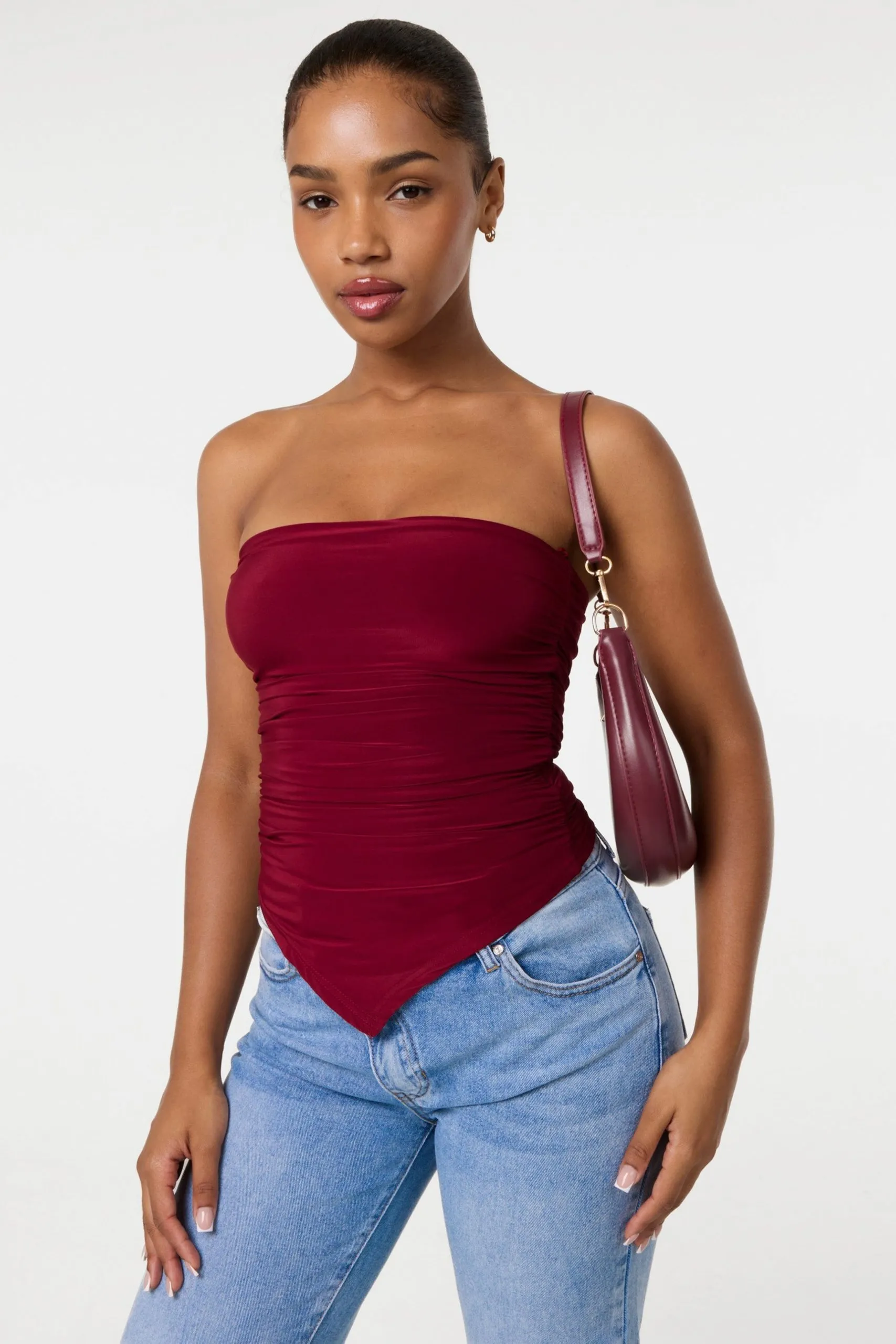 Wine Ruched Slinky Bandeau Top