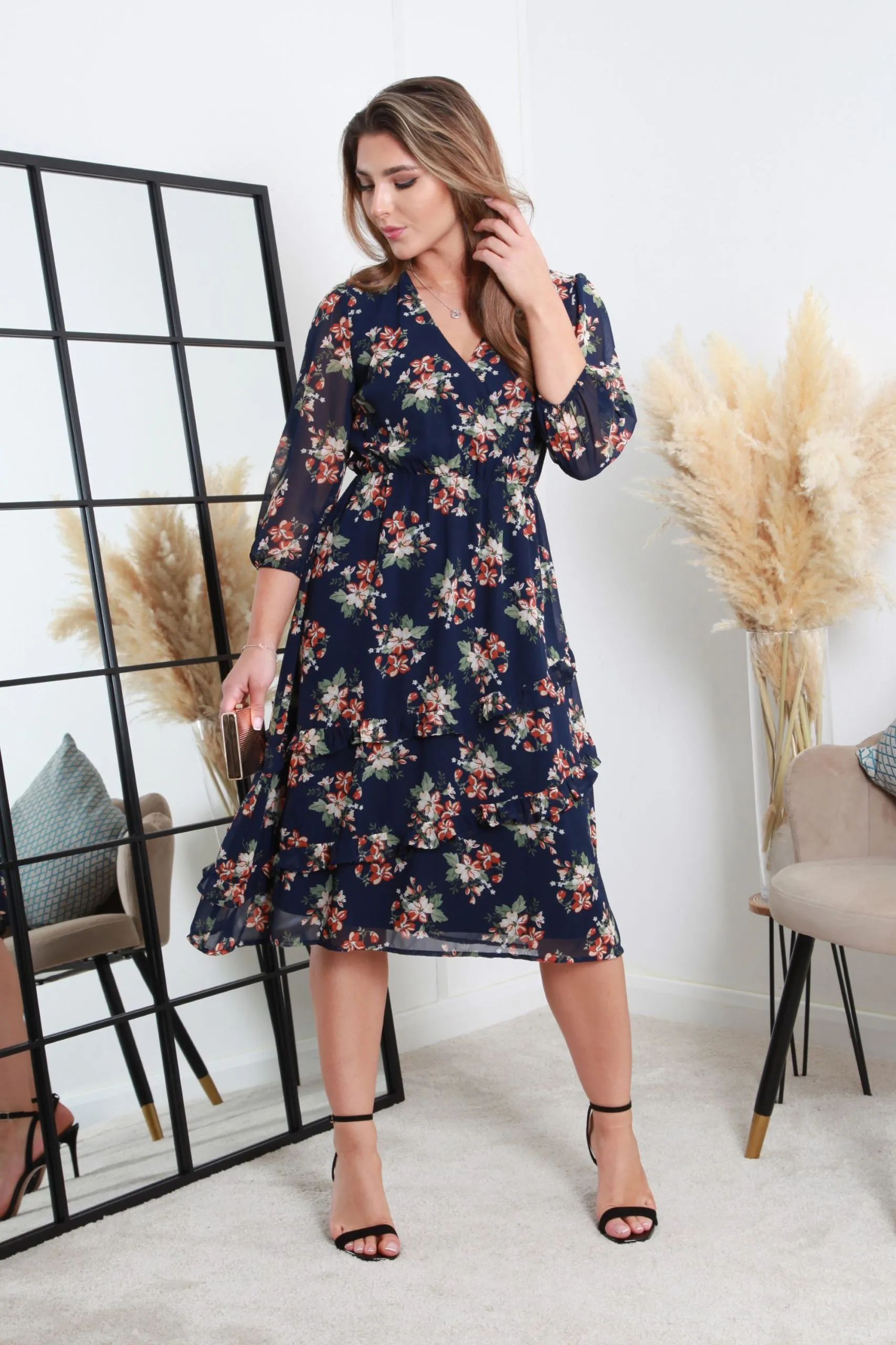 Printed Navy Wrap Dress With Tiered Frill Detail