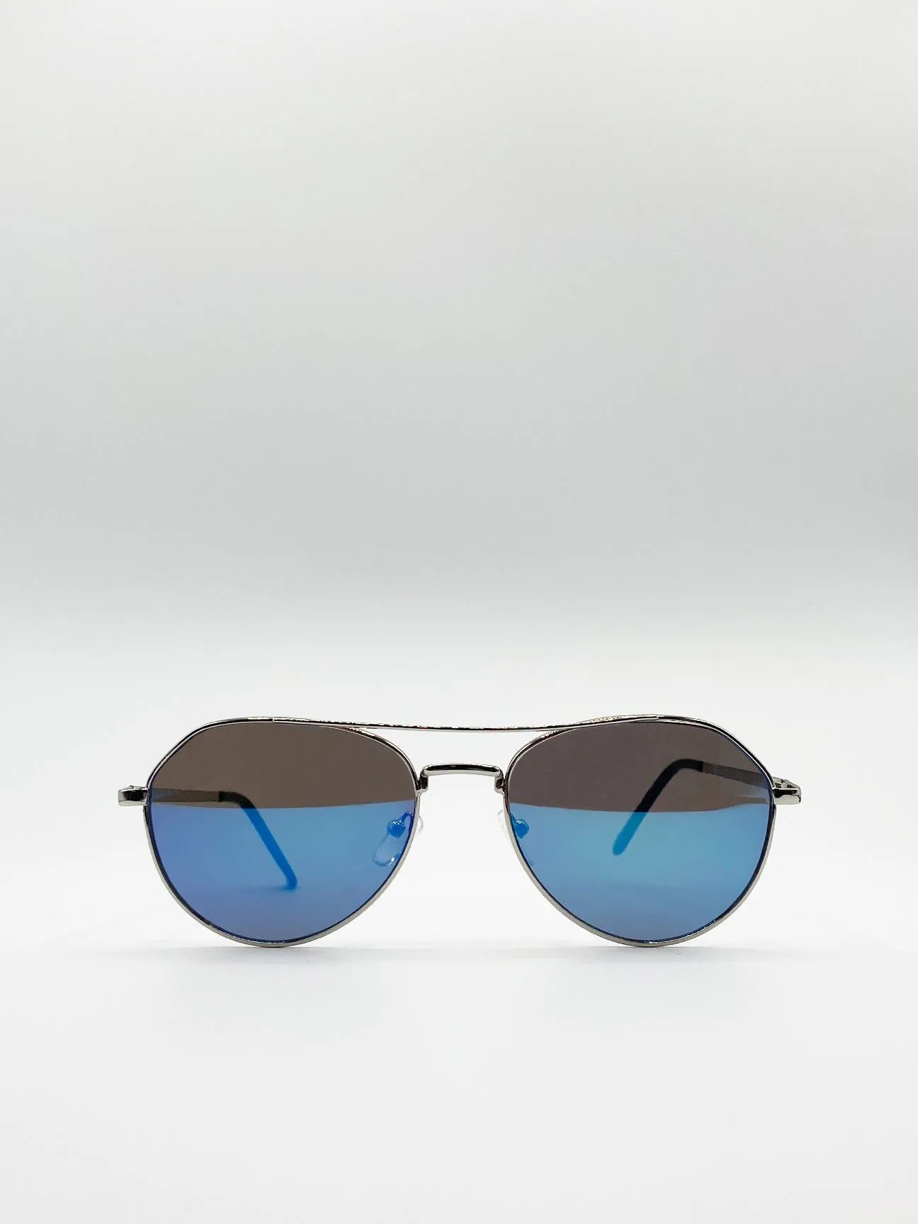 Silver Aviator Sunglasses With Blue Mirrored Lenses