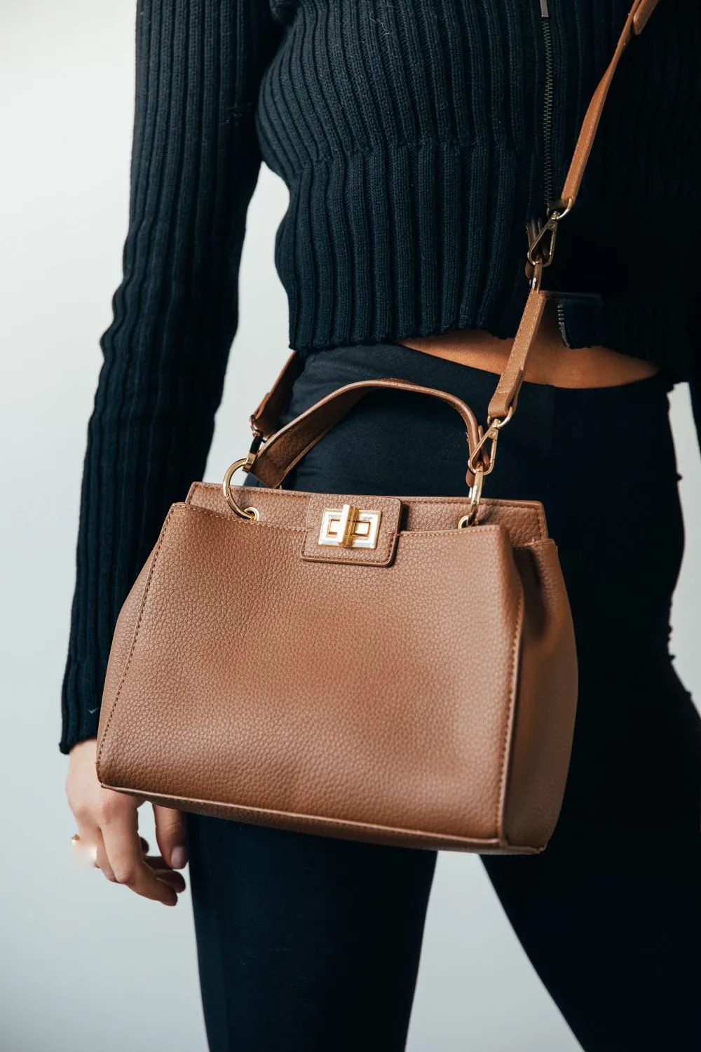 Brown Faux Leather Handbag With Gold Trim