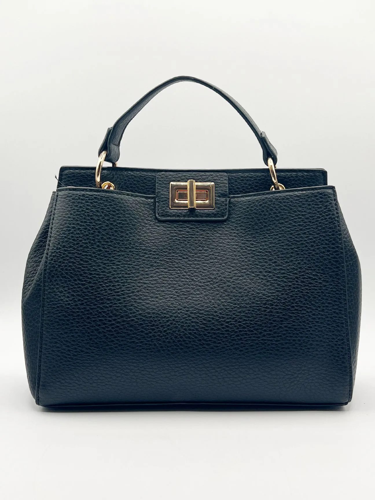Black Faux Leather Handbag With Gold Trim