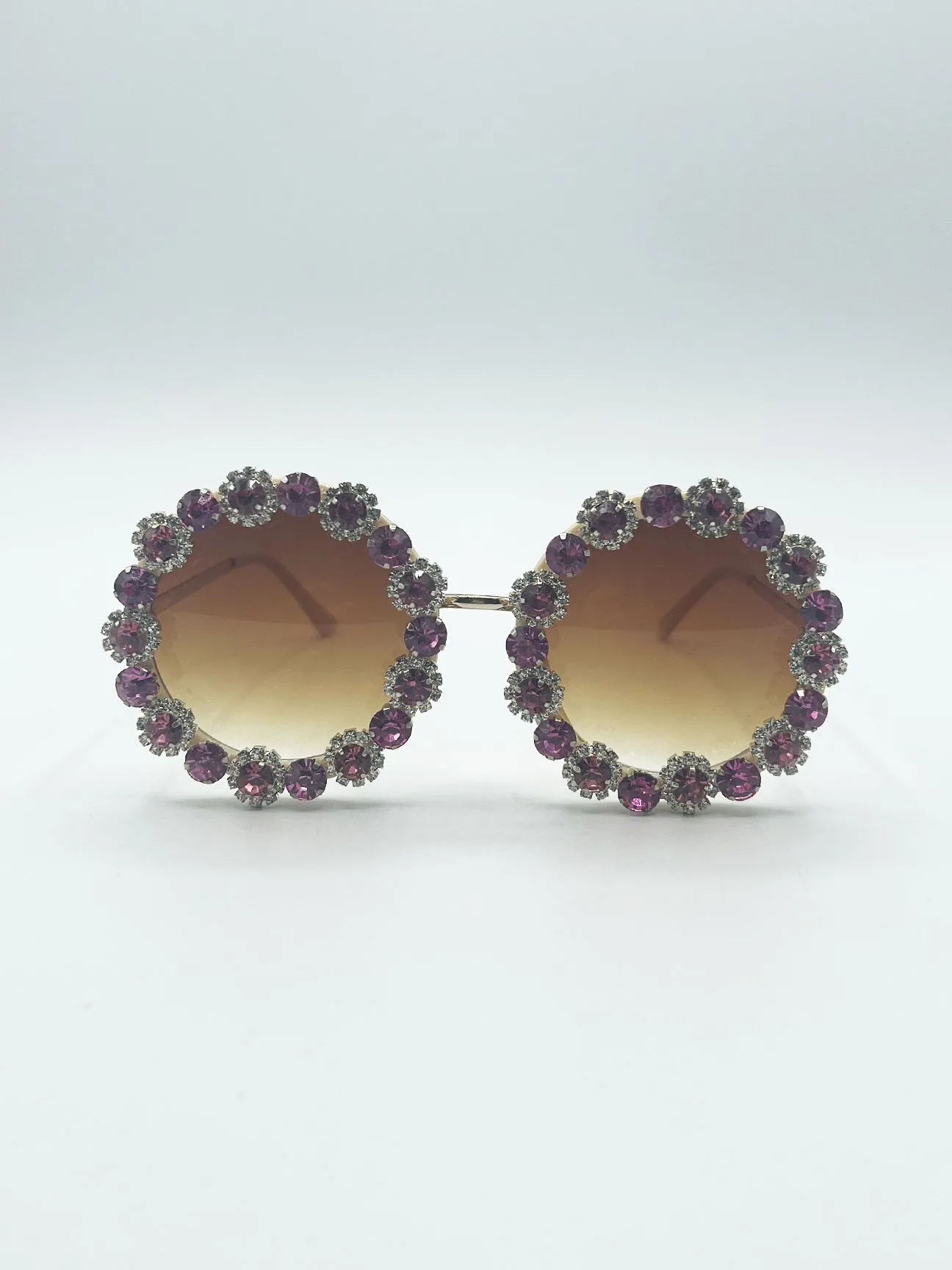 Round Floral Crystal Gem Sunglasses in Pink