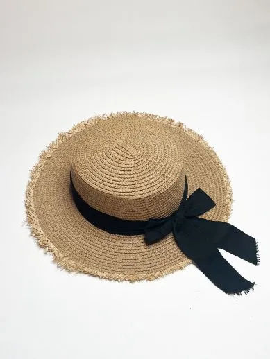 Straw Hat With Black Ribbon Bow