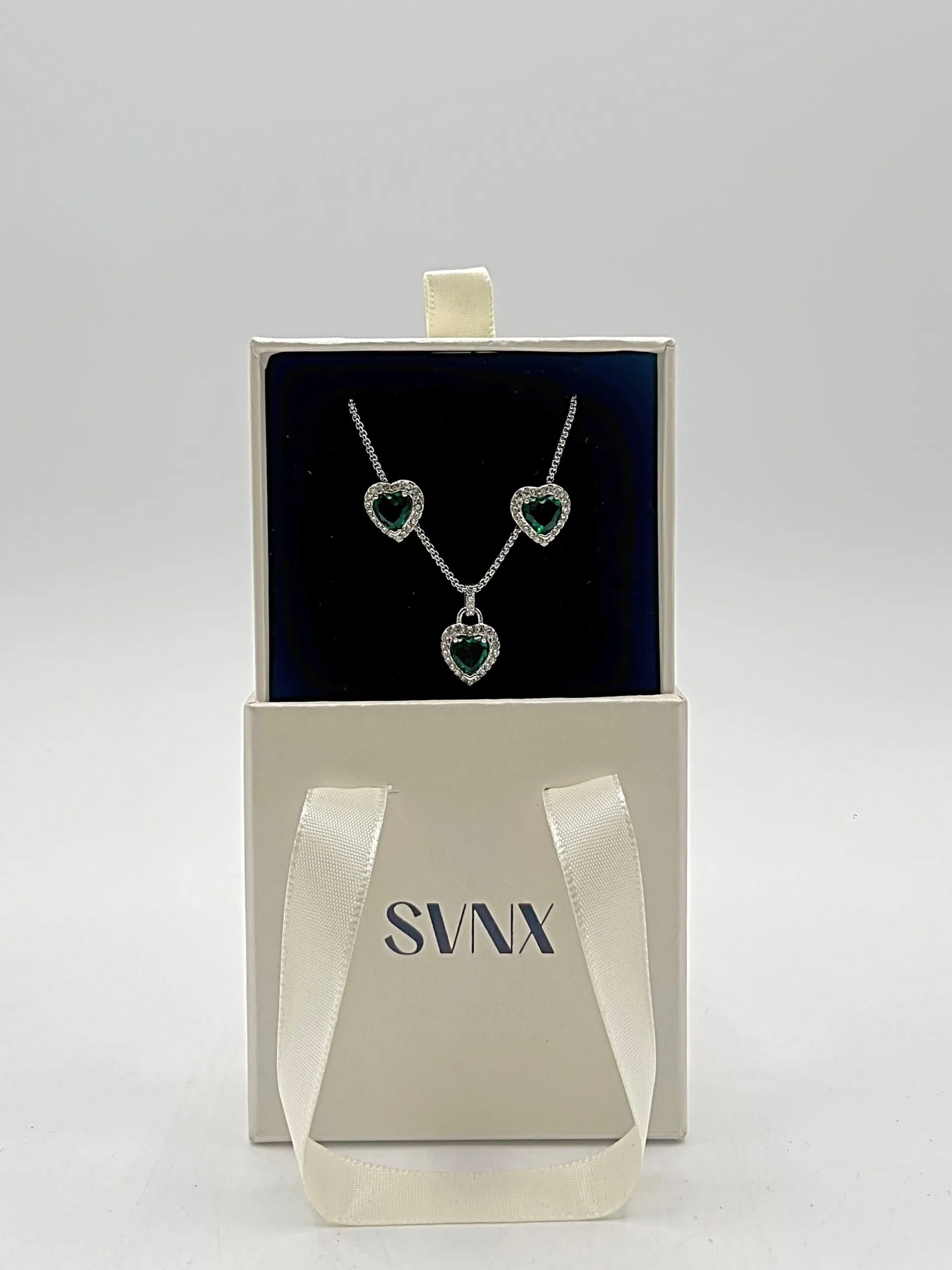 Green Diamante Heart Necklace and Earrings Set in Silver